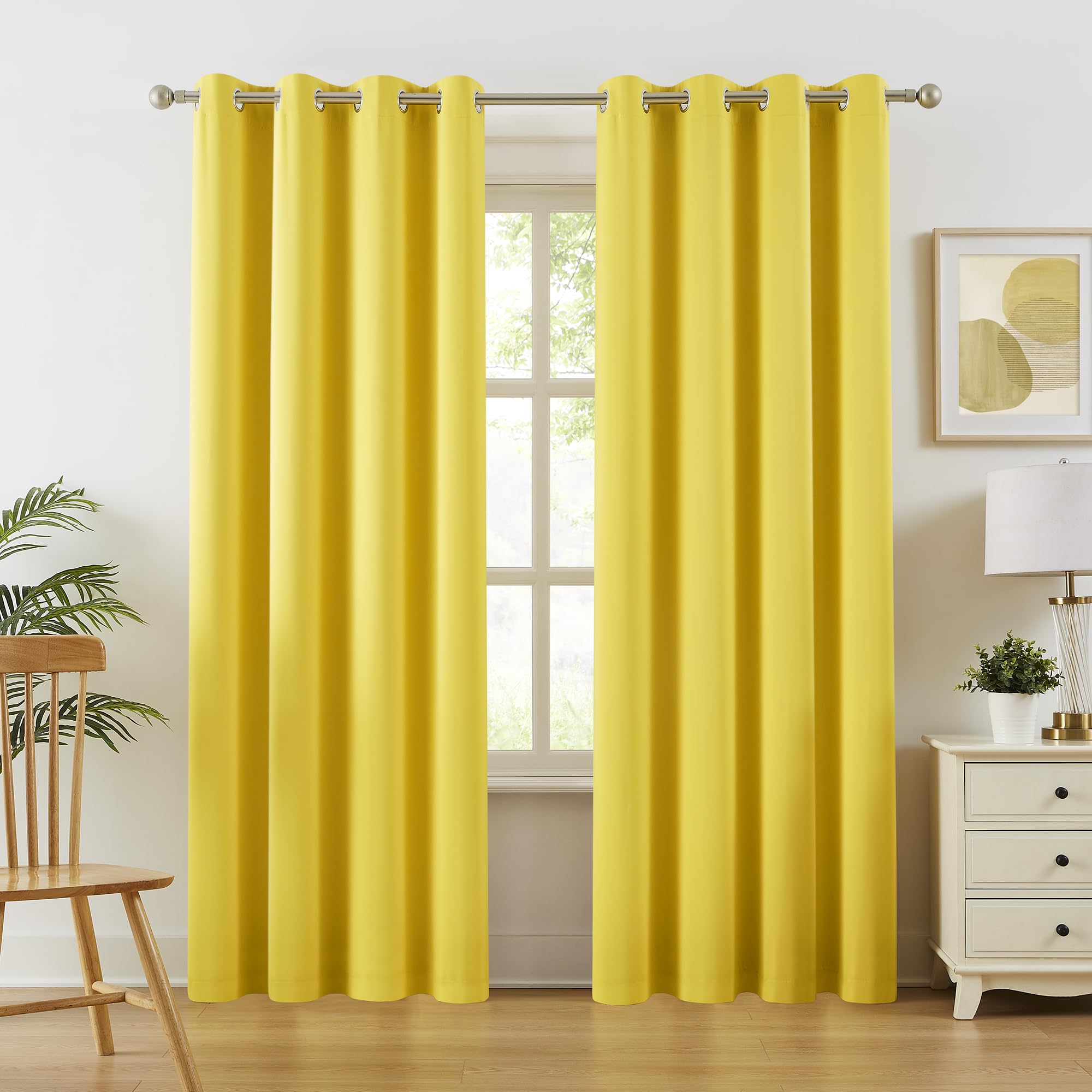DUALIFE Yellow Blackout Curtains 84 Inch Length Grommet Thermal Insulated Room Darkening Curtain for Living Room Bedroom 2 Panels Set 52 W x 84 L,Illuminating Yellow