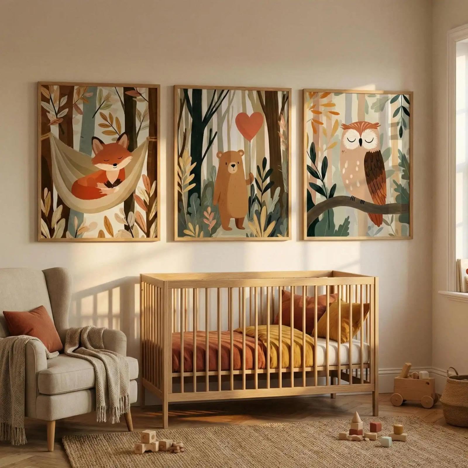 Baibexing Woodland Animals Wall Art Set - Forest Friends In Warm Tones Nursery & Kids Room Decor Home Bedroom Living Room Decoration 30X40Cmx3Pcs Unframed