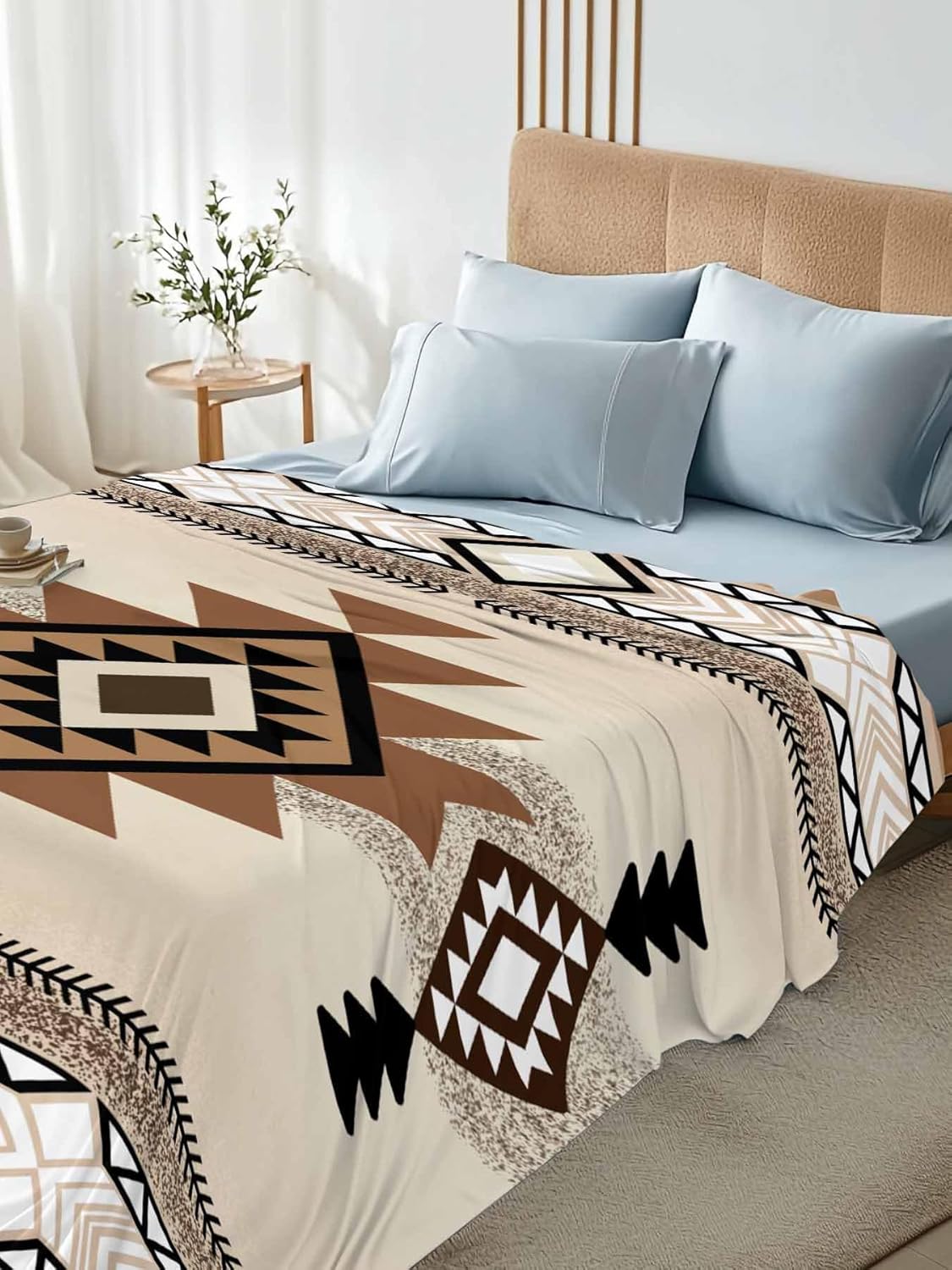 Southwest Flat Bed Sheet King Size for King Mattress, Microfiber Bedding Top Sheets Deep Pocket for All Seasons, Brown Bohemian Abstract American Aztec Soft & Breathable Hotel Quality