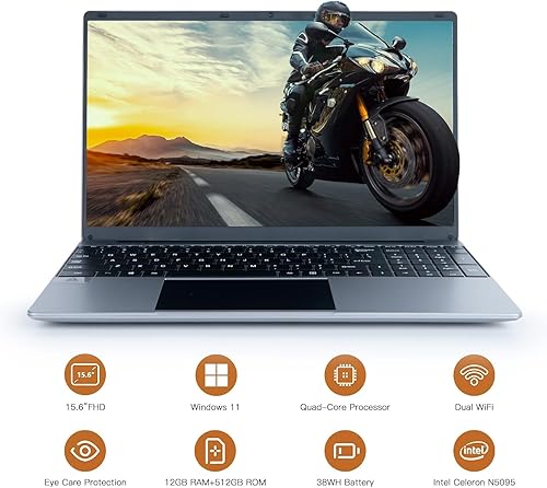 Miniatura 2 de ANMESC Computadora portátil, 15.6 pulgadas portátil, 12GB RAM 512GB ROM, procesadores Intel Celeron Quad-Core, 1920 x 1080 IPS FHD, 38000mWh