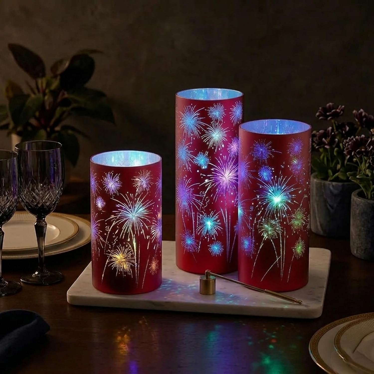 Set of 3 Celebration Hurricanes, Etched Firework Starburst Glass Hurricanes with LED Lights, Hurricanes Set Romantic Decorative Ornaments for Mantel, Dining Table, Wedding & Holiday Décor (Mix)