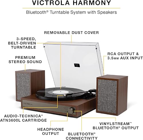 Miniatura 2 de Victrola Harmony - Sistema de tocadiscos Bluetooth - Reproductor de discos de vinilo de 3 velocidades, altavoces estéreo, Audio Technica ATN3600L,
