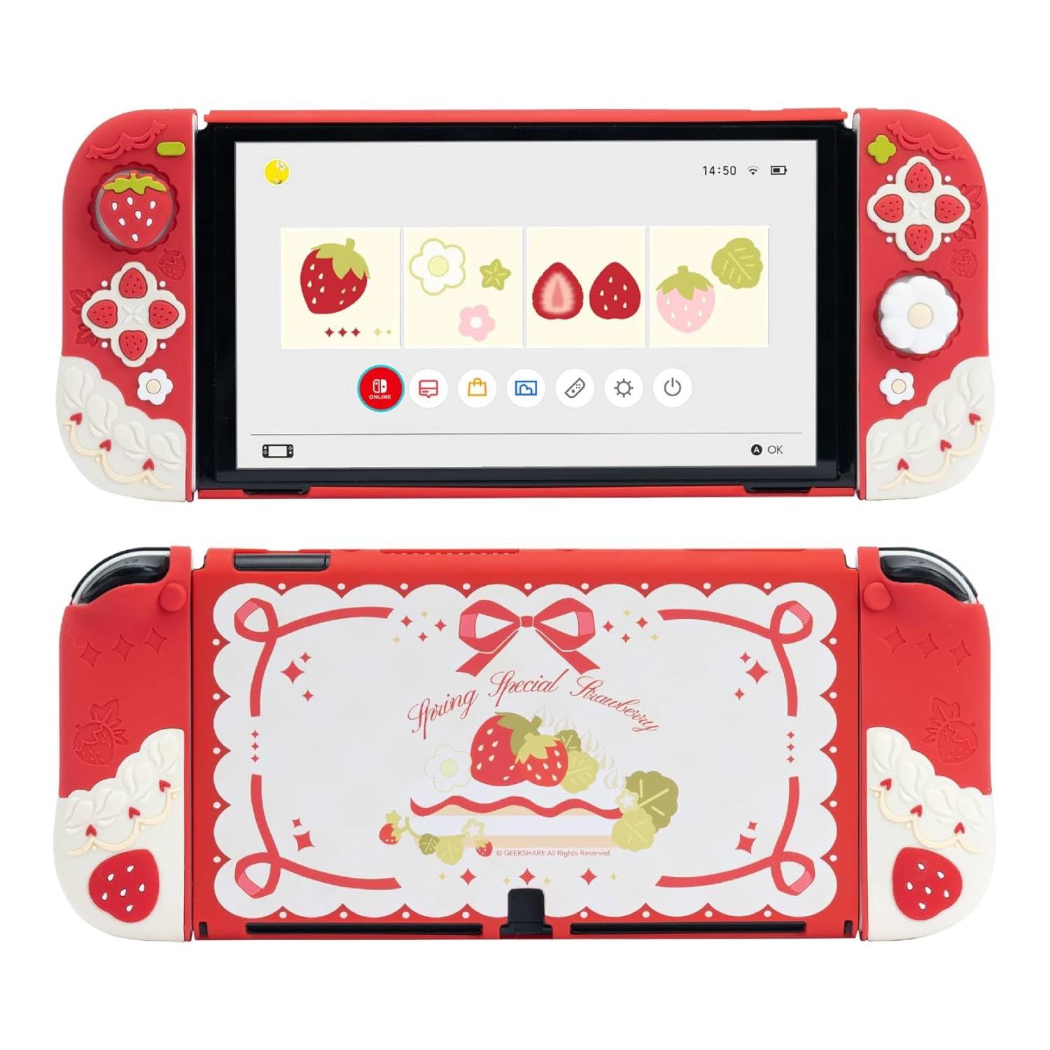 GeekShare Cover protettiva in silicone per Switch OLED, antigraffiti, sottile, compatibile con Switch OLED, cover protettiva separabile con 2 cover per filtro, fragole con panna
