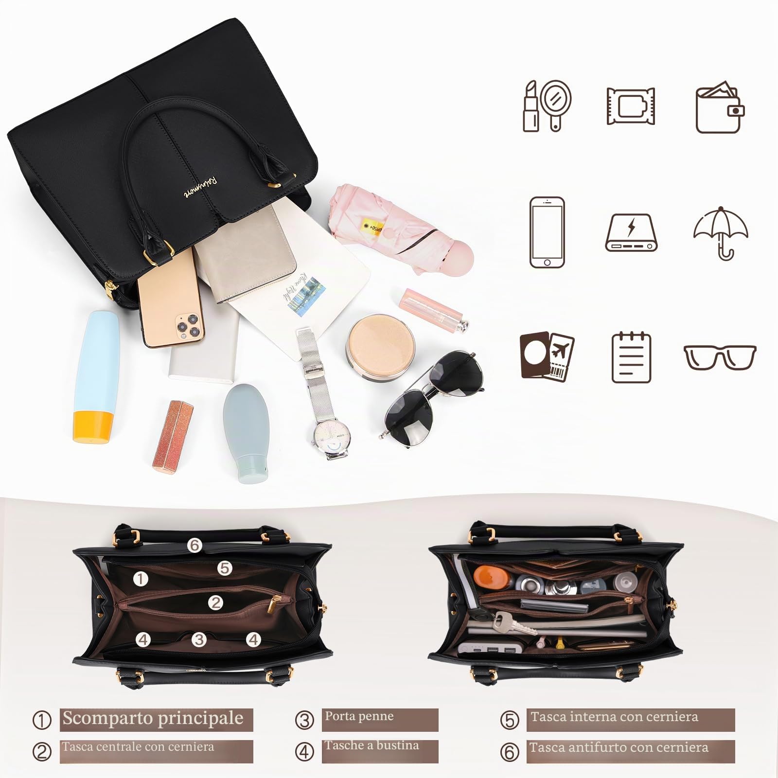 RAINSMORE Borsa Donna in Pelle PU Impermeabile Borsa a Mano con Antifurto Tasca Borse a Tracolla Borsetta Elegante con Fiocco Media Crossbody Tote Bag per Lavoro Shopping Scuola