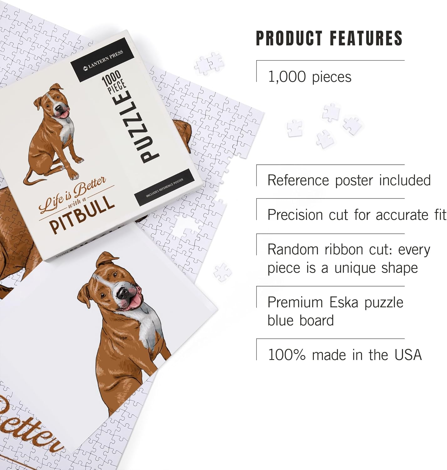 Lantern Press Pitbull, Life is Better, Golden 1000 Piece Jigsaw Puzzle for Adults, Made in USA with Reference Poster
