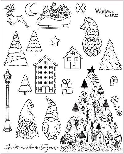Arbuya Sellos transparentes para árbol de Navidad para hacer tarjetas o diario, gnomos de casa de invierno, sellos de goma para álbumes de recortes,