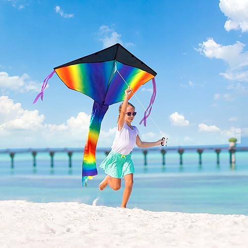 Miniatura 4 de JOYIN Paquete de 3 cometas Delta multicolor, color cálido y frío, fácil de volar para niños y adultos con cuerda de 262.5 pies, cometa grande de