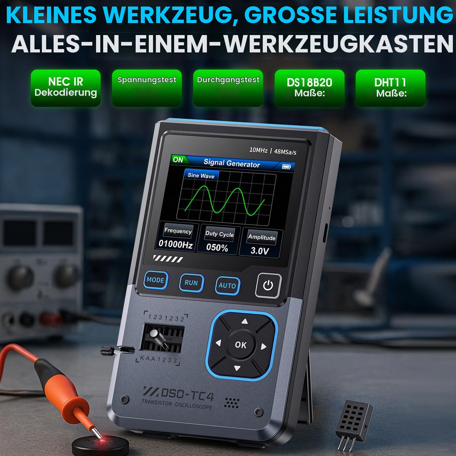 Oszilloskop Multimeter, 3 in 1 Handheld Oscilloscope mit 10MHz Bandbreite, 48MSa/s Abtastung, 2.8" TFT Display Signaenerator, USB Transistor Tester