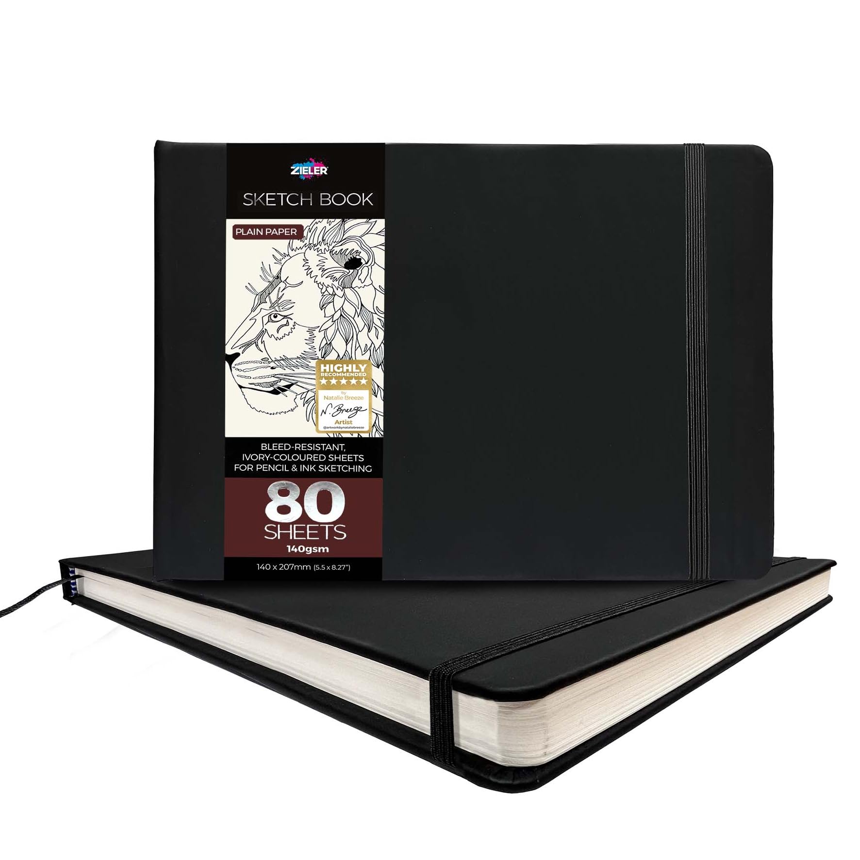 Klasyczny czarny szkicownik artystyczny w twardej oprawie do ołówka, atramentu, szkicowania węglem drzewnym i pastelowym, 80 arkuszy - 140 g/m², 140 mm x 207 mm, krajobraz - autorstwa Zieler®
