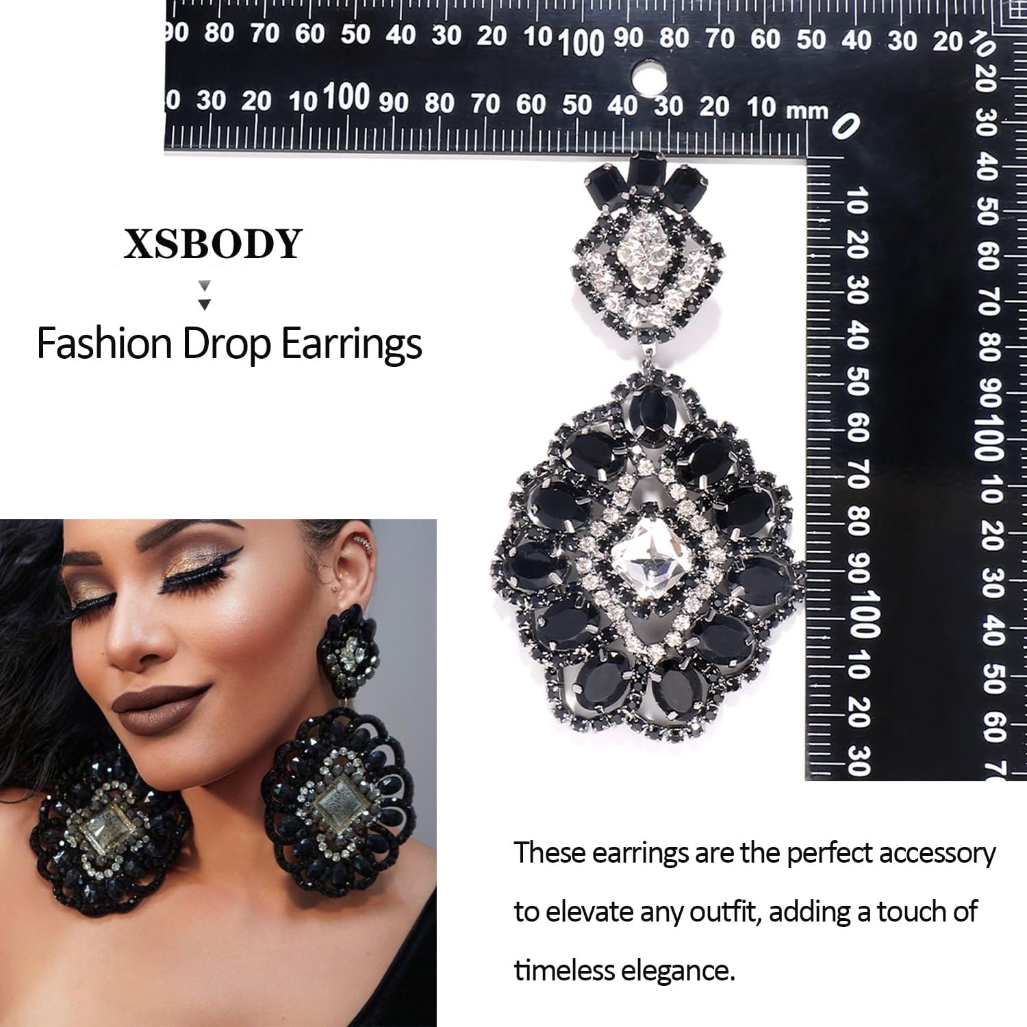 Large Black Rhinestone Earrings for Women Prom Chandelier Drop Statement Earrings Costume Jewelry