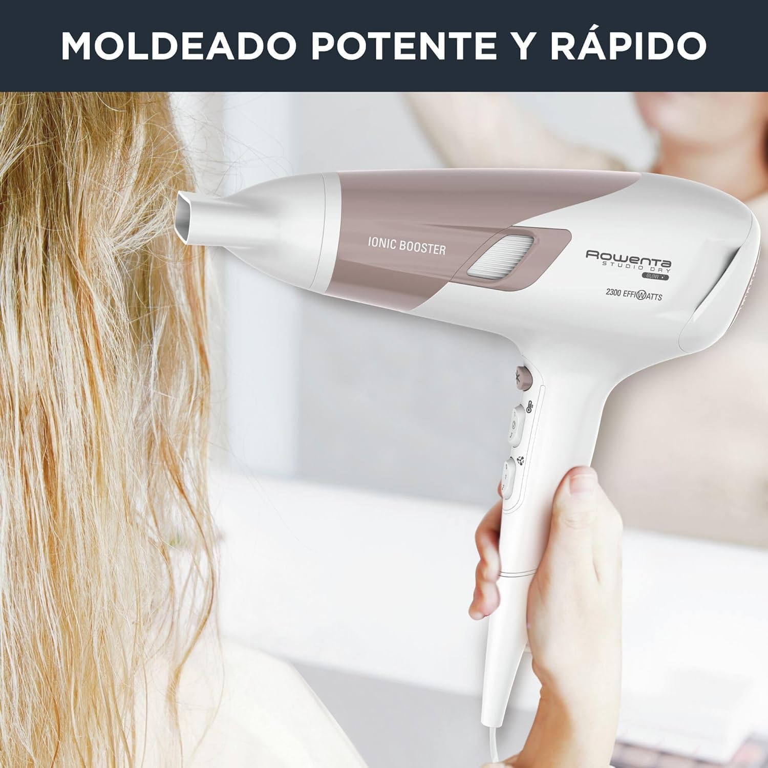 Rowenta Studio Dry CV5830 Secador de pelo 2300 W, Tecnología Effiwatts, 6 ajustes de velocidad/temperatura, Termocontrol, generador iónico, aire frío, difusor, cable 1.8 m, Blanco