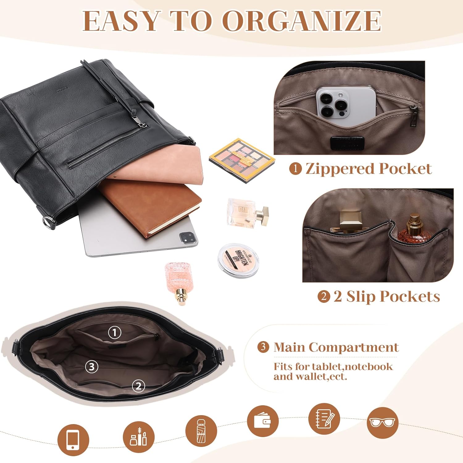 VASCHY Hobo Bag for Women, Medium Vegan Leather Shoulder Purse Handbag Wallet Set Tote Bag with Crossbody Guitar Strap - Image 4