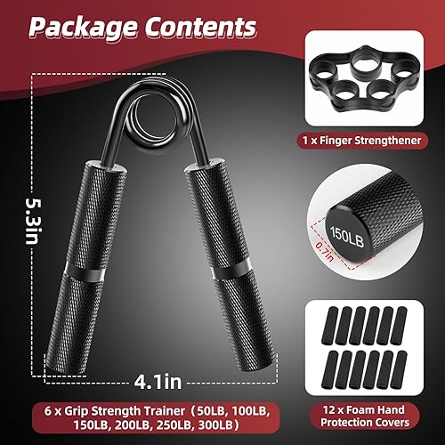 Miniatura 5 de Juego de fortalecedores de agarre de mano, paquete de 6 fortalecedores de dedos de 50 libras a 300 libras, entrenador de fuerza de agarre resistente