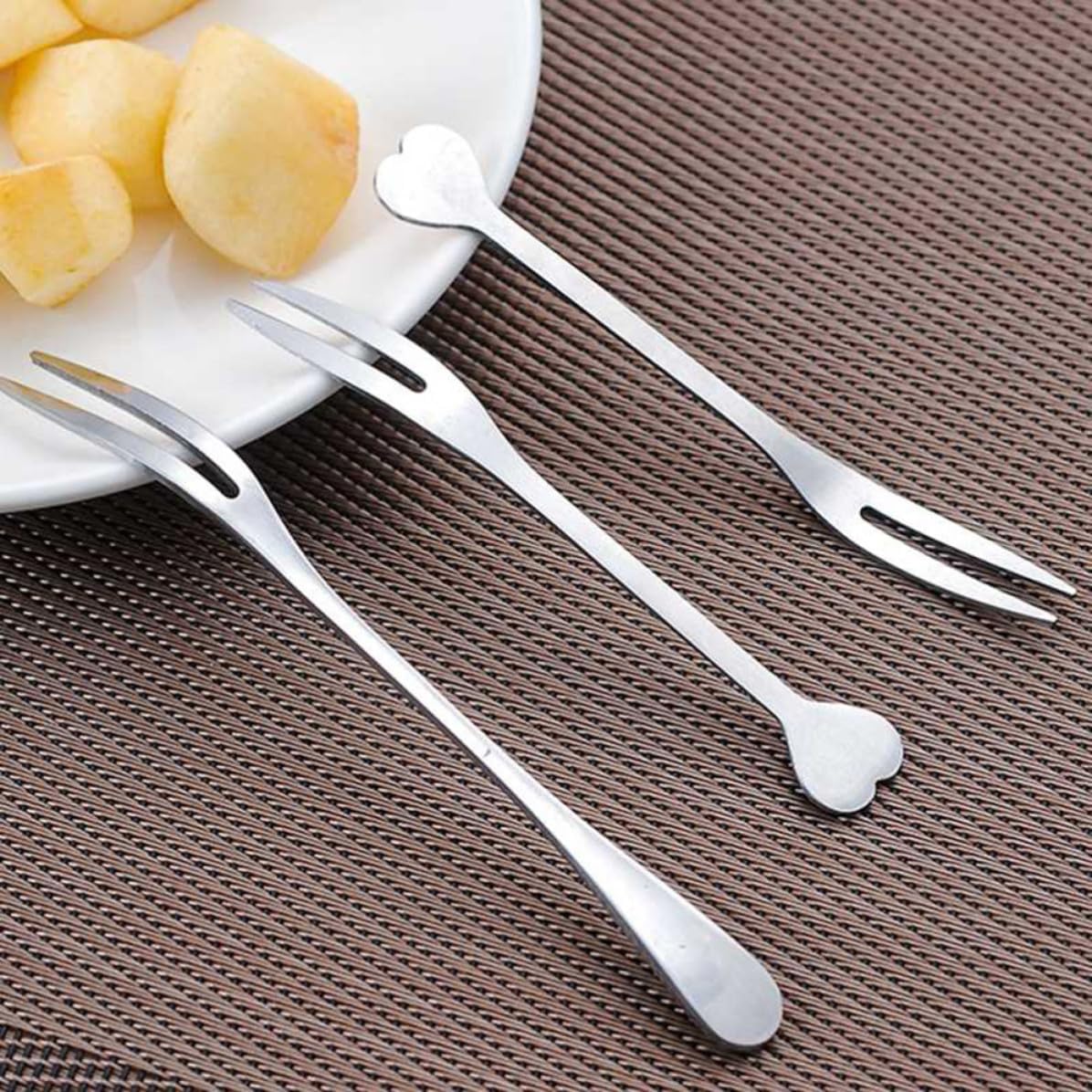 5pcs Fruit Forks, 2 Prong Stainless Steel Heart Shape Mini Dessert Set