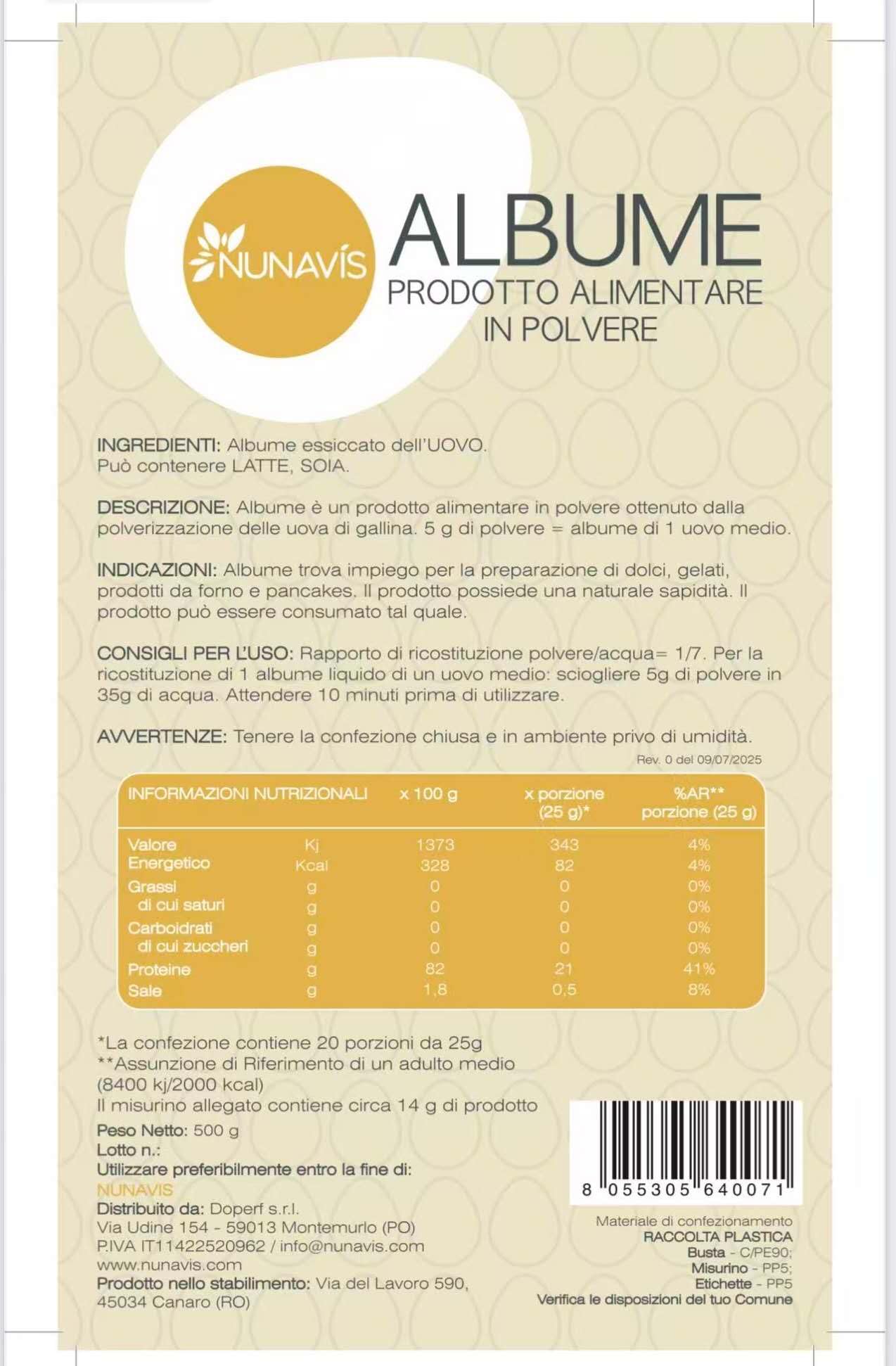 Albume d'Uovo in Polvere, Prodotto Alimentare da Uova Fresche di Gallina, 500 g, per Dolci e Alimenti da Forno