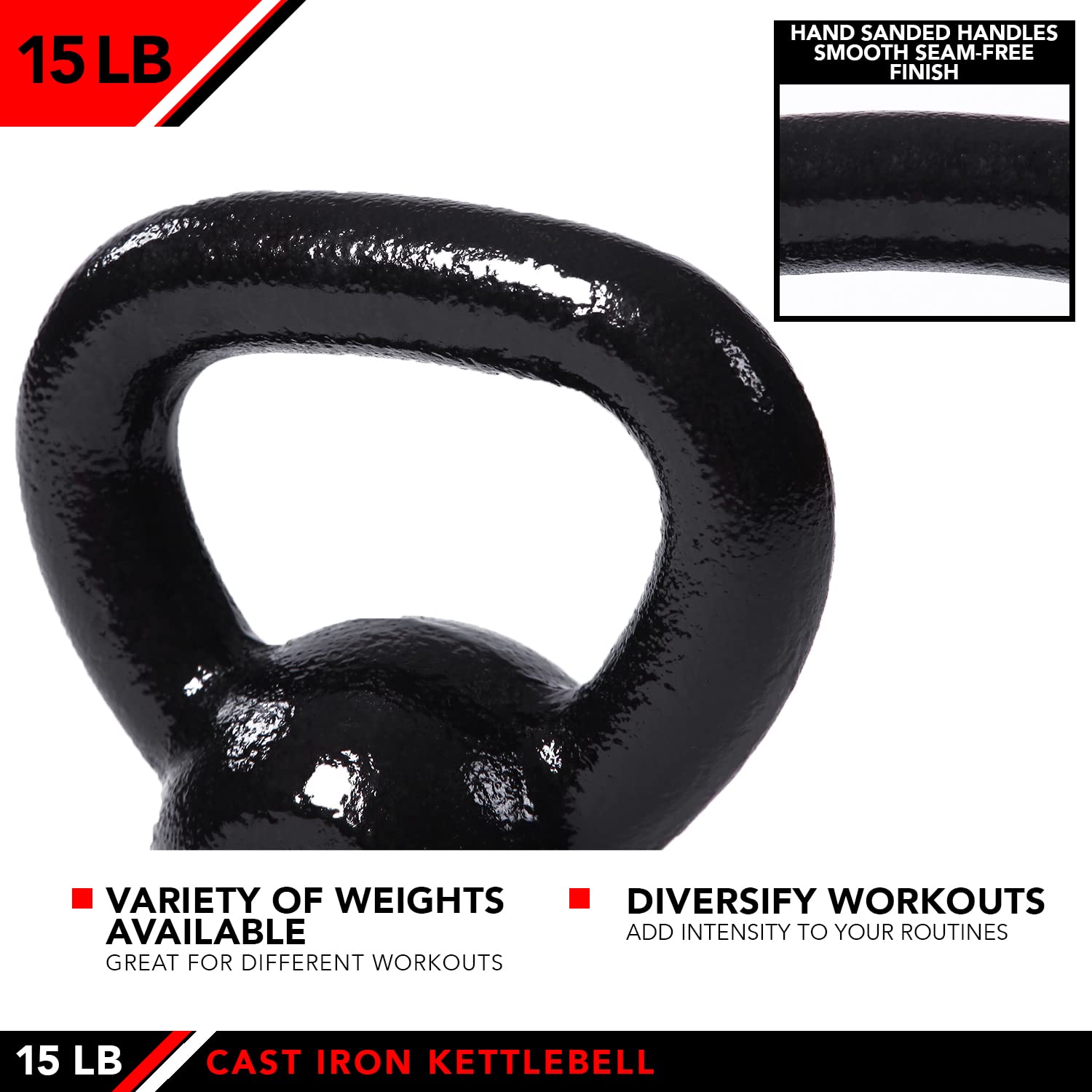 J-Fit JFIT hantle Kettlebell z żeliwa – 15 funtów – ćwiczenia balistyczne, siła rdzenia, fitness funkcjonalna i zestaw do treningu siłowego – bezpłatna waga, sprzęt, akcesoria