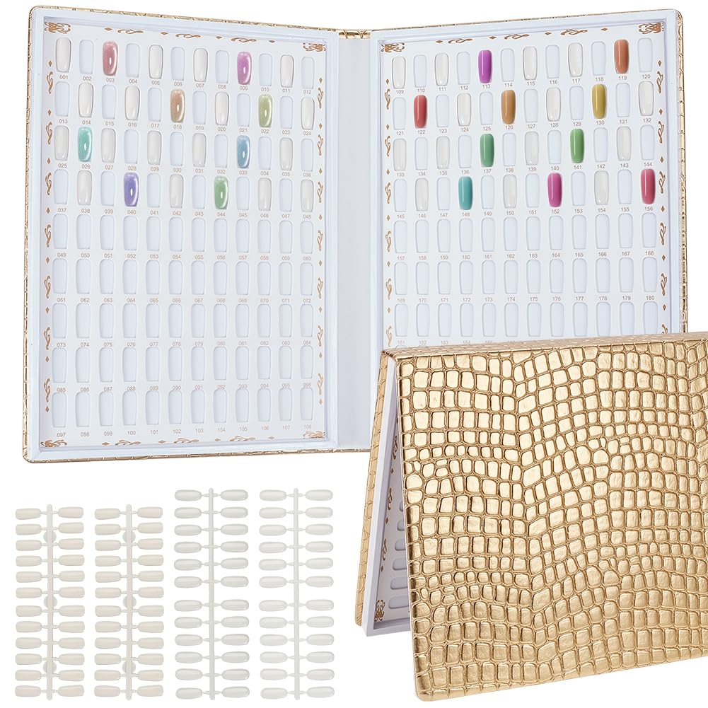 BENECREAT 216 Colors Gold Nail Display Chart, Nail Color Swatches with 480pcs 2 Style False Nail Tips