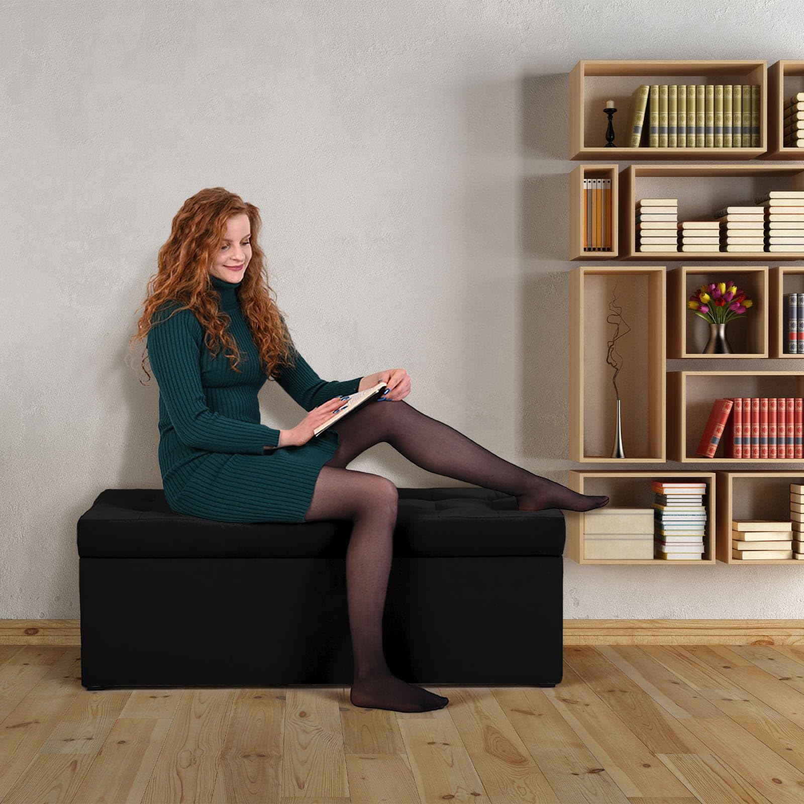 MG Design Pouf Coffre 45 x 120 cm Noir – Rangement 140 L, Charge 300 kg, Doux, Aspect Mat et Texture Fine, Facile à Nettoyer – pour Salon, Chambre, entrée