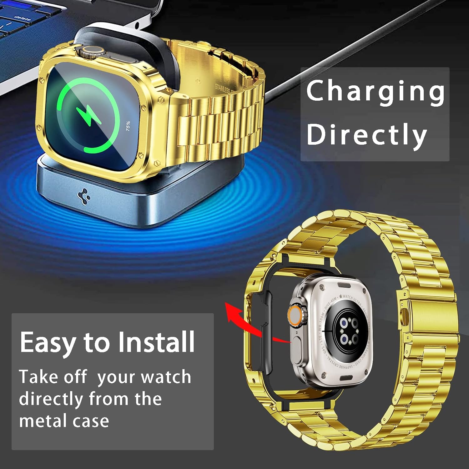 MioHHR Stainless Steel Band and Case Compatible with Apple Watch Band 49mm, Men Metal Protective Bumper Cover for iWatch Series Ultra 3/2/1, Gold - Image 4