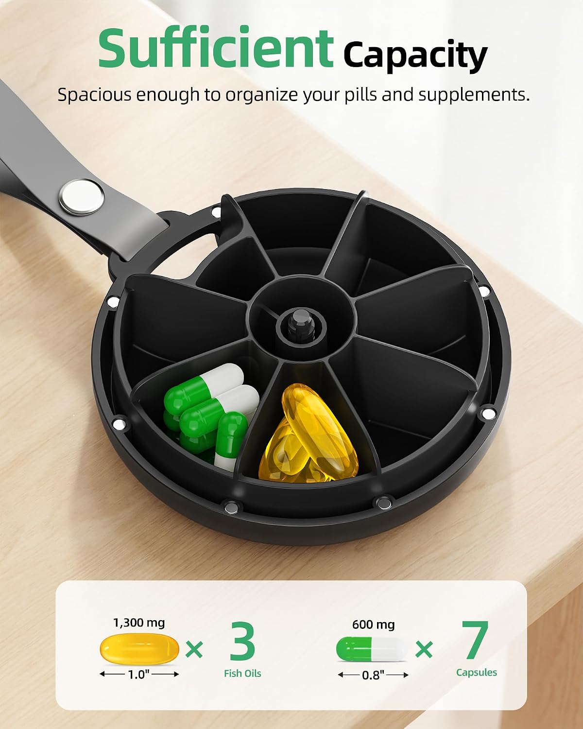 PULIV Portable Weekly Pill Organizer, Magnetic Rotary Design for Easy Use, Small Pill Case with Carry Handle, BPA-Free Travel Pill Box 7 Day for Medications, Vitamins & Supplements