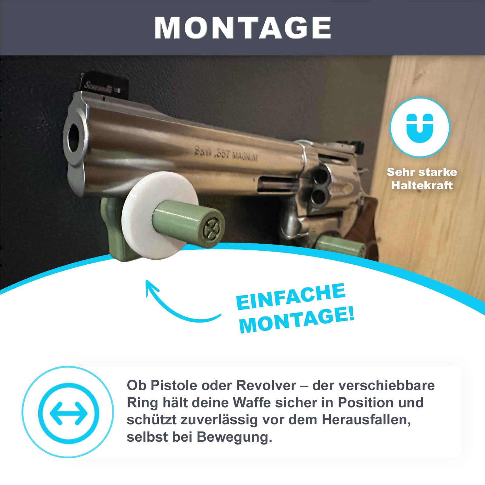 Magnetischer Waffenhalter – 2er Set in Navy-Grün, flexibel einsetzbare Halterung für unterschiedliche Pistolen & Revolver, starker Haftung ganz ohne Bohren – Made in Germany