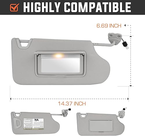 Miniatura 6 de Youxmoto Parasol gris para lado izquierdo del conductor y del pasajero derecho con luz, repuesto para Nissan Altima 2013 2014 2015 2016 2017 2018,