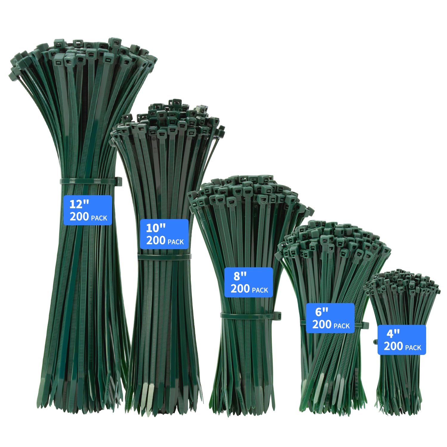 Garden Green Cable Zip Ties Heavy Duty Assorted Sizes, 1000 PCS Self-Locking 4+6+8+10+12 Inch 50LBS Nylon Cable Ties, Perfect for Home, Office, Garden and Workshop