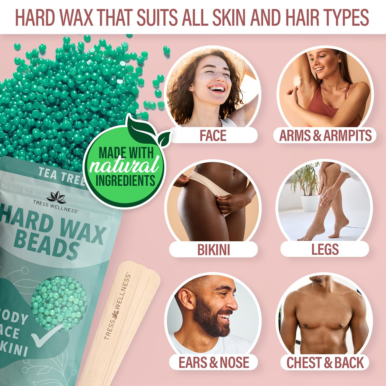 Tress Wellness Waxing Kit for Sensitive Skin – Safe for Face & Skin, Prep & Aftercare Wipes, Easy to Use – At-Home Kit for Face, Bikini, Brazilian & Full Body - Pink, No Display