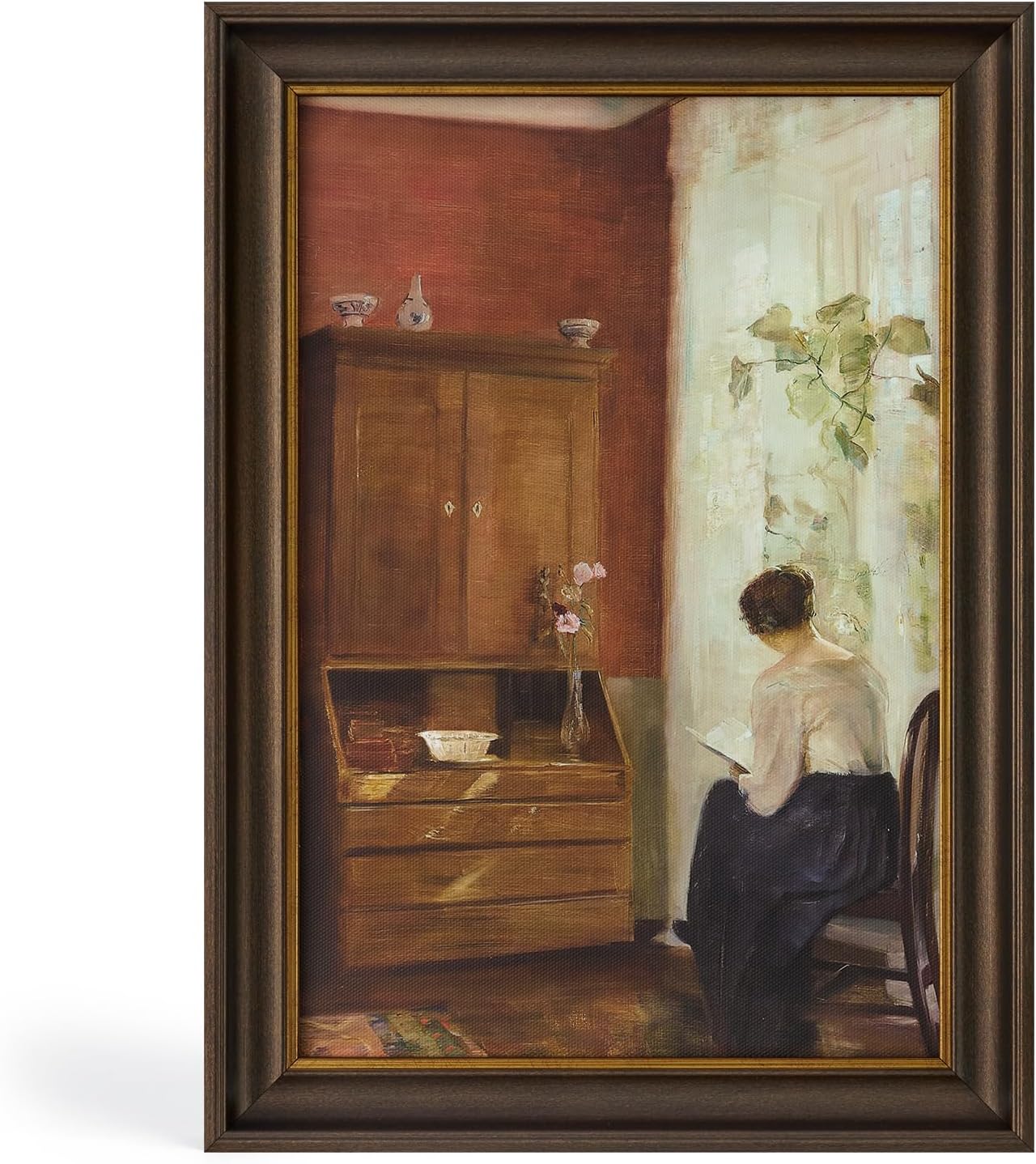 Vintage Gold Framed Canvas Book Wall Art, Woman Reading by Window, Rustic Gold Framed Canvas Prints Oil Painting Pictures, Farmhouse Room Decor for Bedroom Study Room Dorm,Gift for Book Lovers,8x12 Vintage Art Print