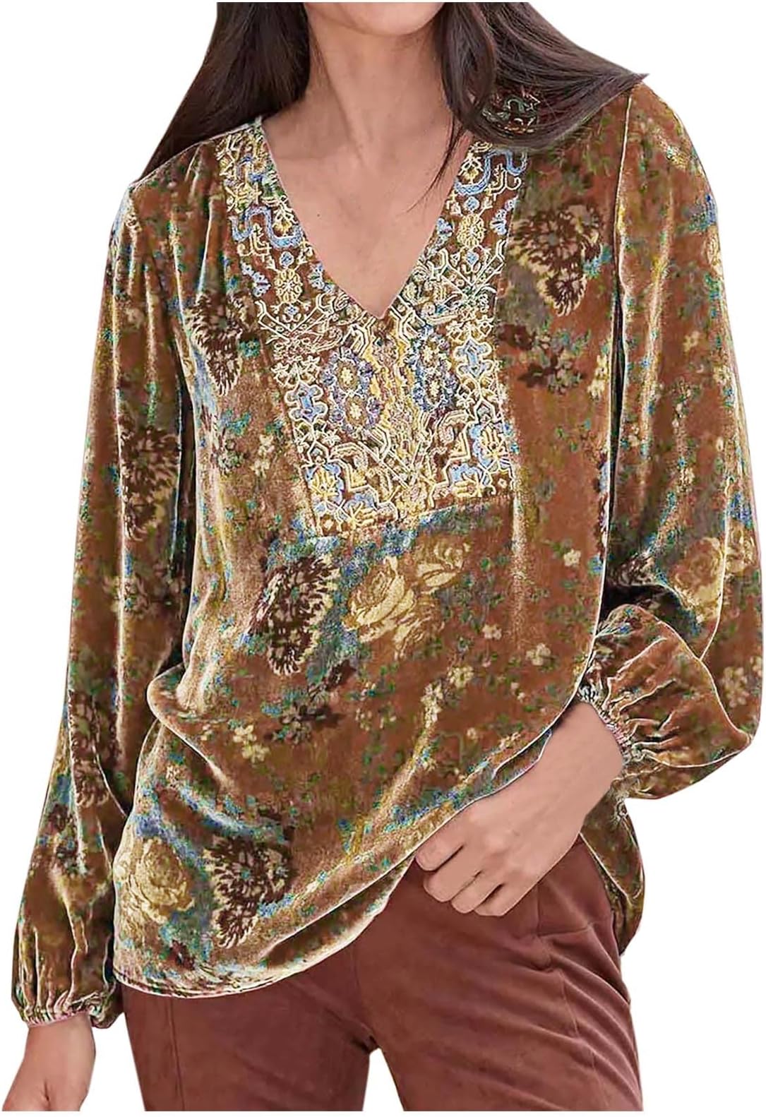 Woman's Shirts UK Sale Elegant Velvet Tops V Neck Long Sleeve Blouses Retro Floral Print Shirts Plus Size Lantern Sleeve Patchwork Tops Size 8-22 Party Wear