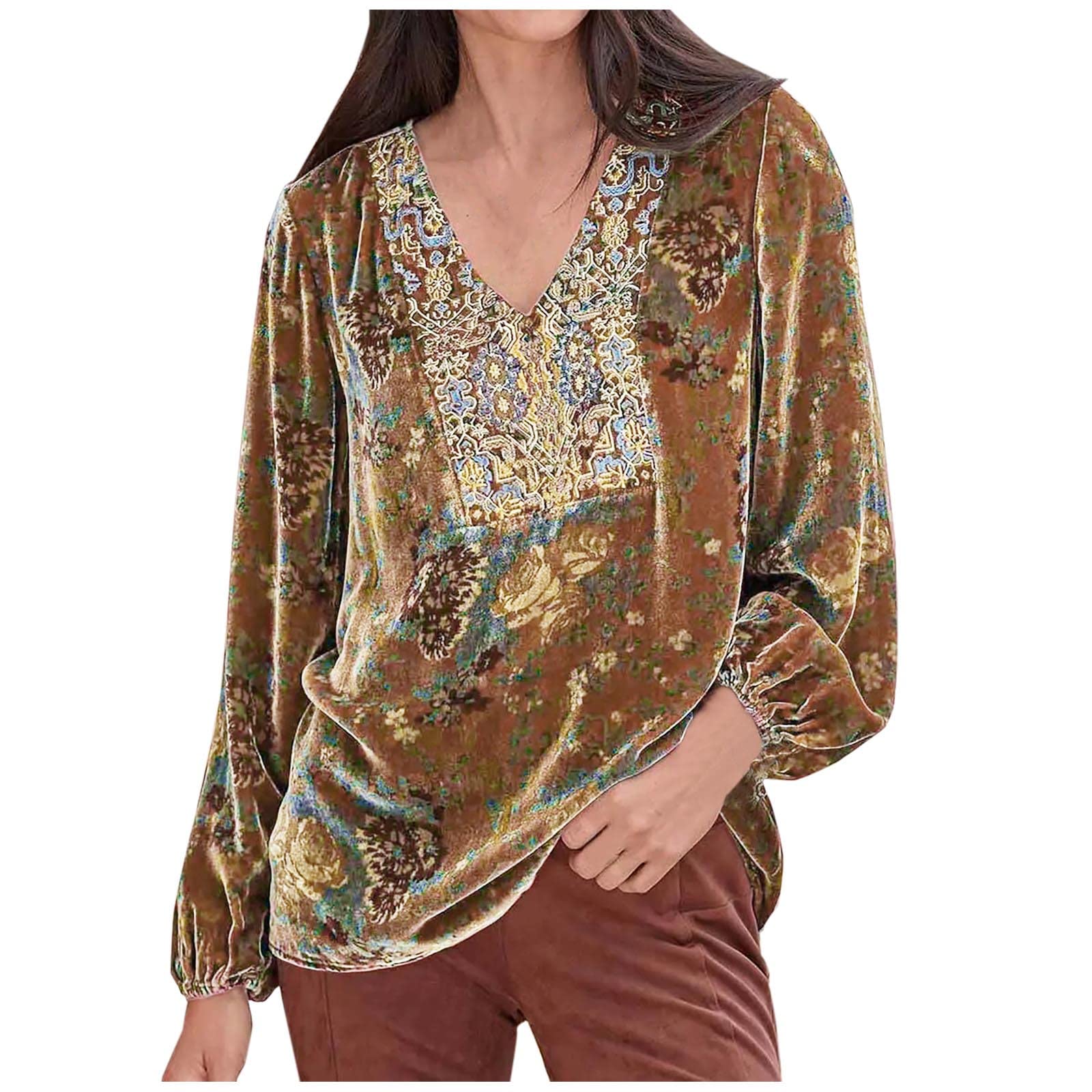 Woman's Shirts UK Sale Elegant Velvet Tops V Neck Long Sleeve Blouses Retro Floral Print Shirts Plus Size Lantern Sleeve Patchwork Tops Size 8-22 Party Wear