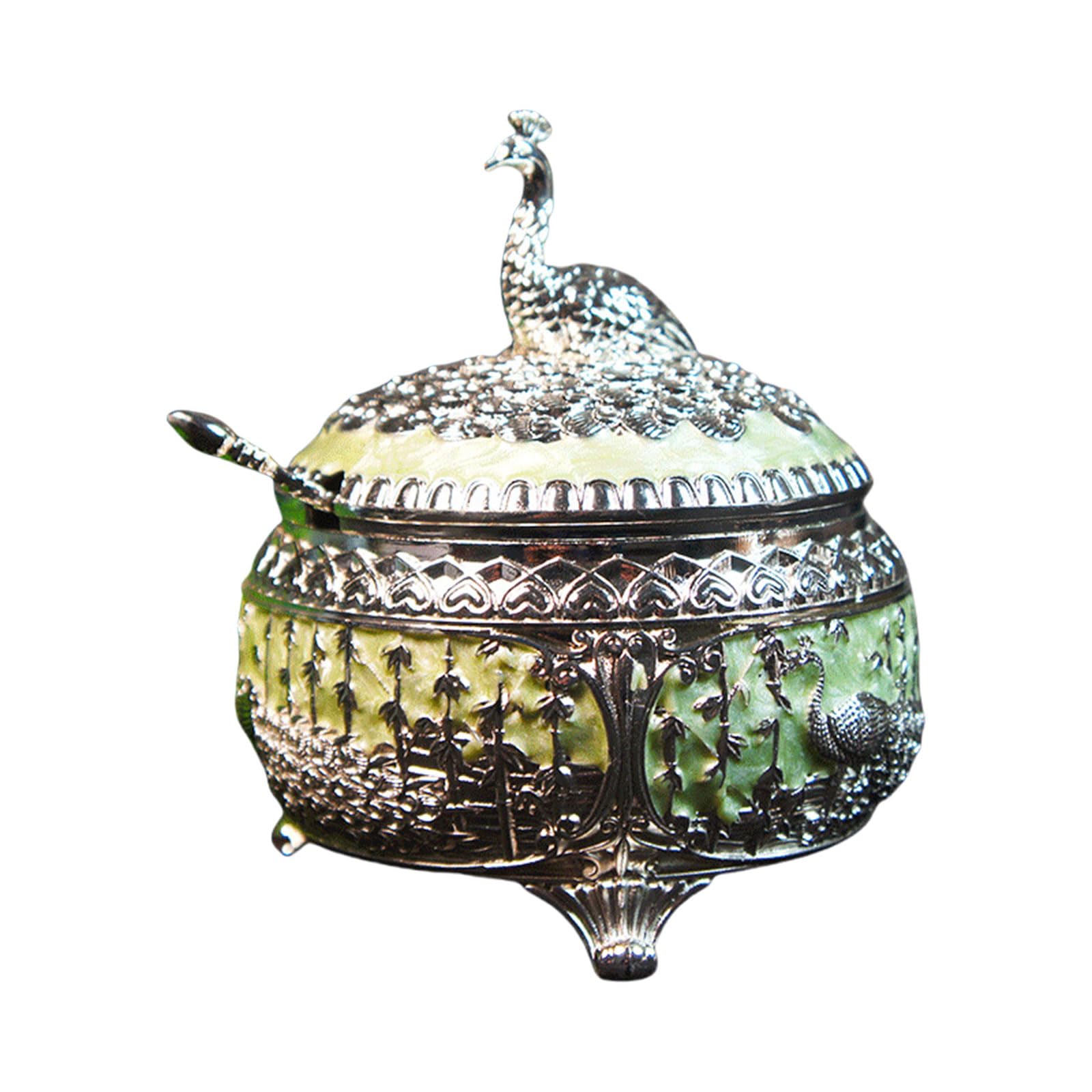 Xinsheinelry Peacocks Themed Alloy Sugar Container with Lid and Spoon Elegant Alloy Candy Jar Kitchen Sugar Canister for Household Elegant Metal Cup
