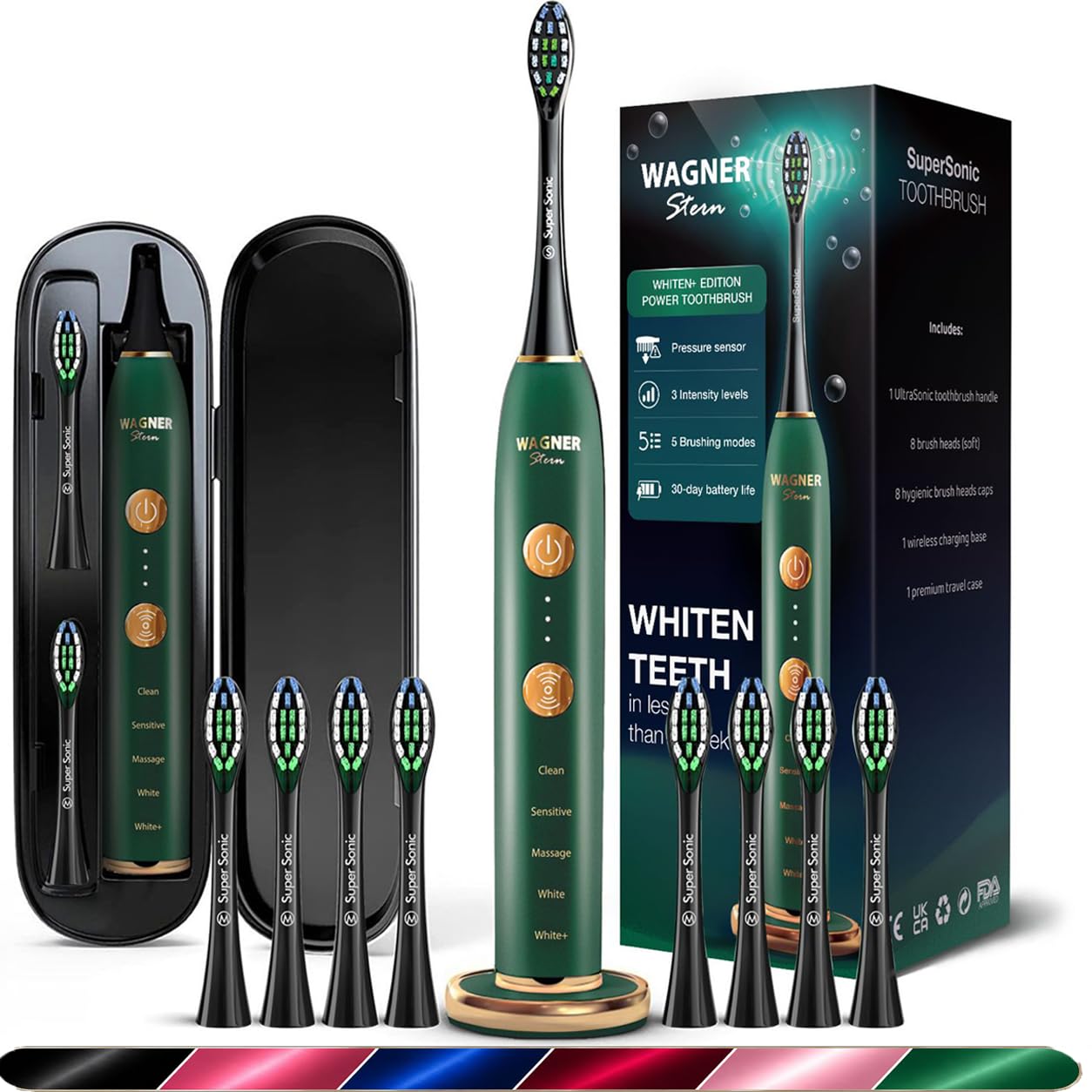 Wagner Stern WHITEN+ Edition. Cepillo de dientes eléctrico blanqueador con sensor de presión. Ofrece 5 modos de cepillado, 3 intensidades, 8 cabezales de cepillo suaves y un estuche de viaje de lujo.