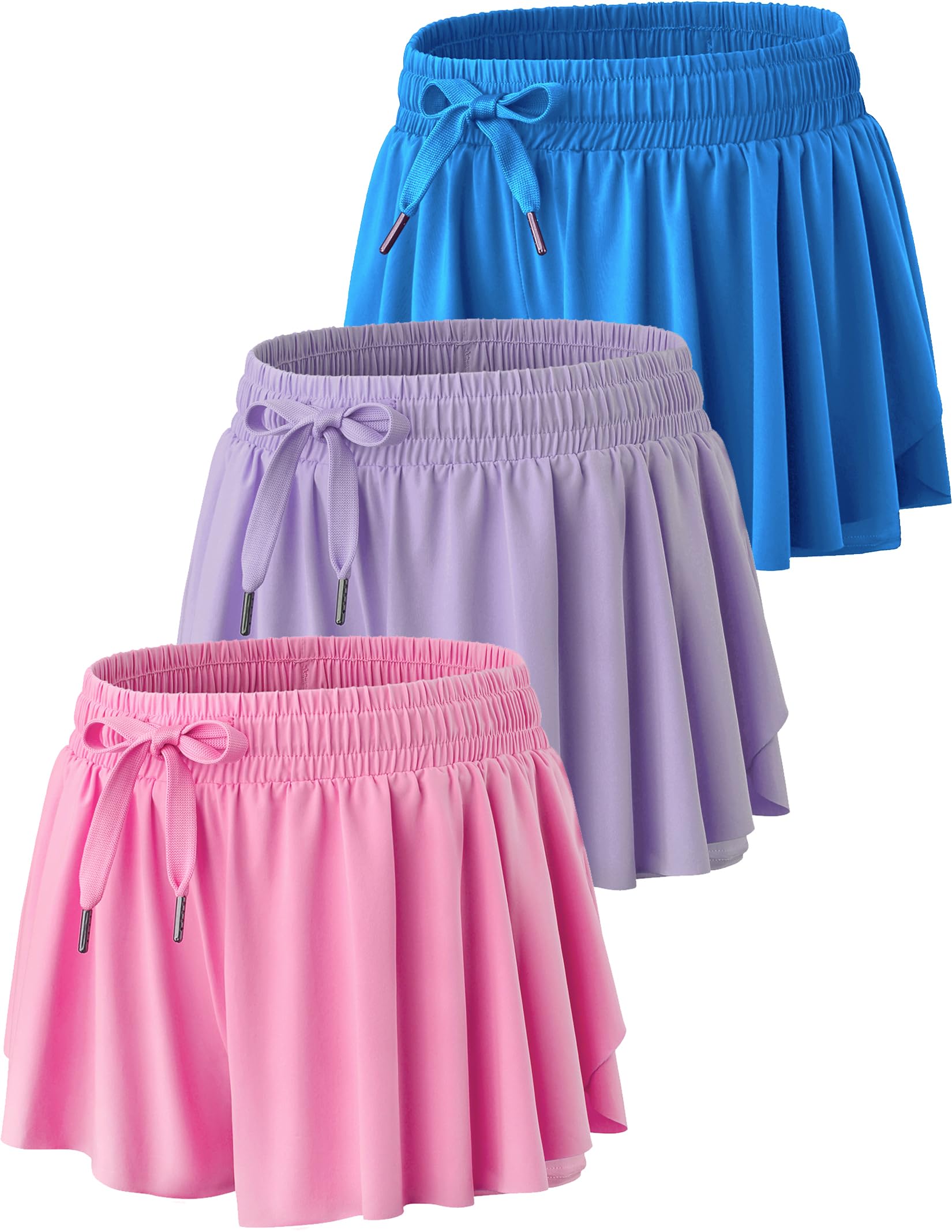 Liberty Pro3 Pack Womens Flowy Running Shorts, 2-in-1 Butterfly Skirts with Shorts Underneath Spandex Athletic Casual Gym Workout Lounge