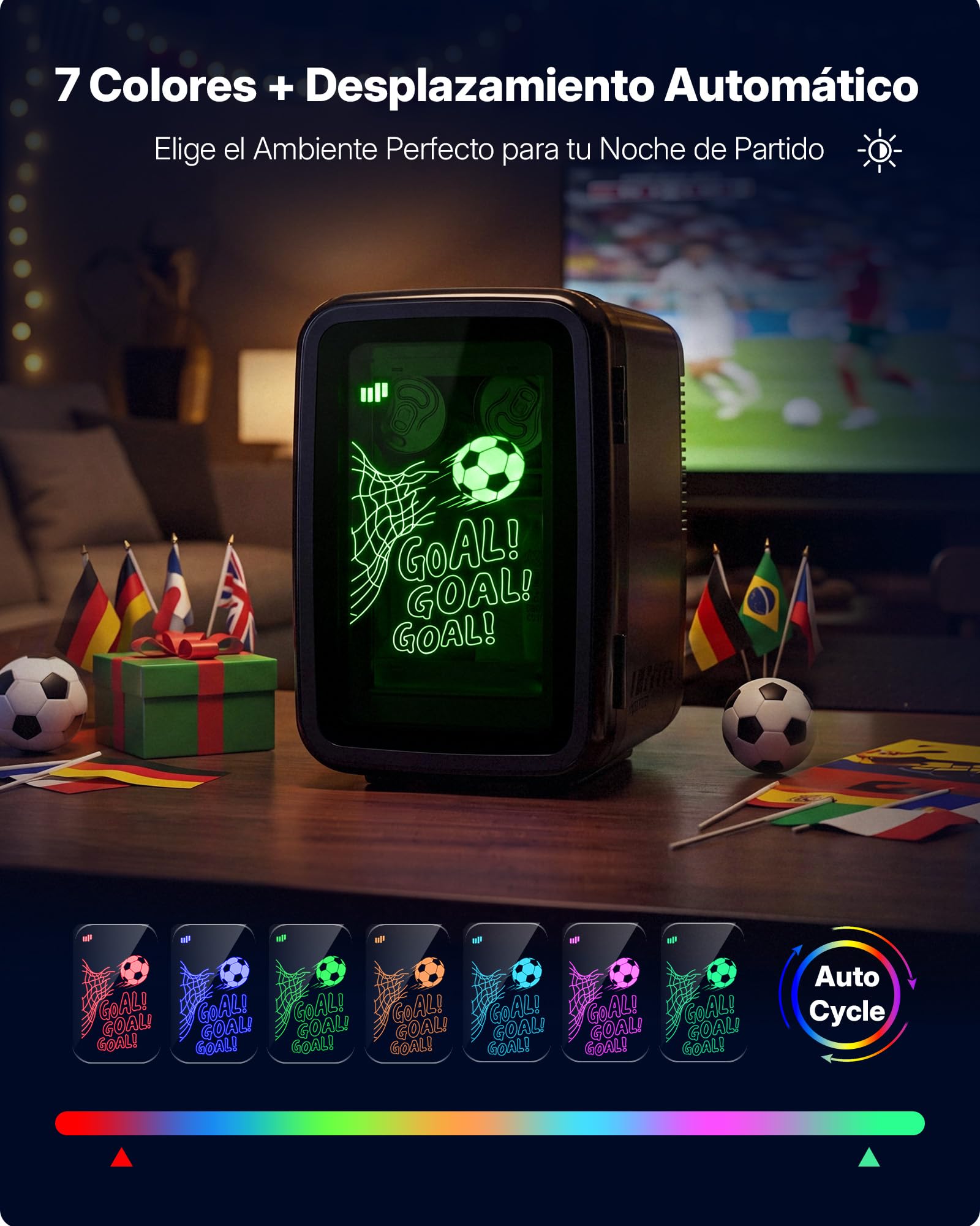 Upstreman Mini Nevera 4L/6 Latas, Silenciosa, Mini Frigorifico LED de 7 Colores,Refrigeración & Calefacción, 12V/220V, Nevera Pequeña para Bebidas y Cuidado de La Piel, Serigrafía de Fútbol, TR4-F
