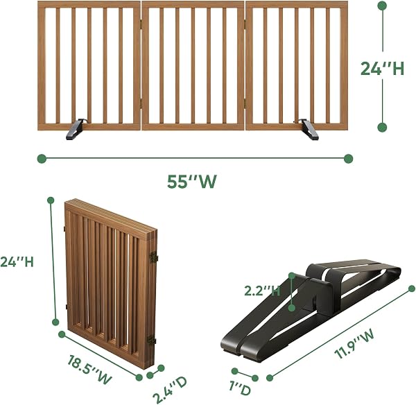 Dog Gates for Doorways, Foldable Dog Gate Indoor, Freestanding Pet Gates for Doorways Bedroom, Puppy Gate with Metal Support Feet, Room Divider 3 Panels (Walnut) - 2