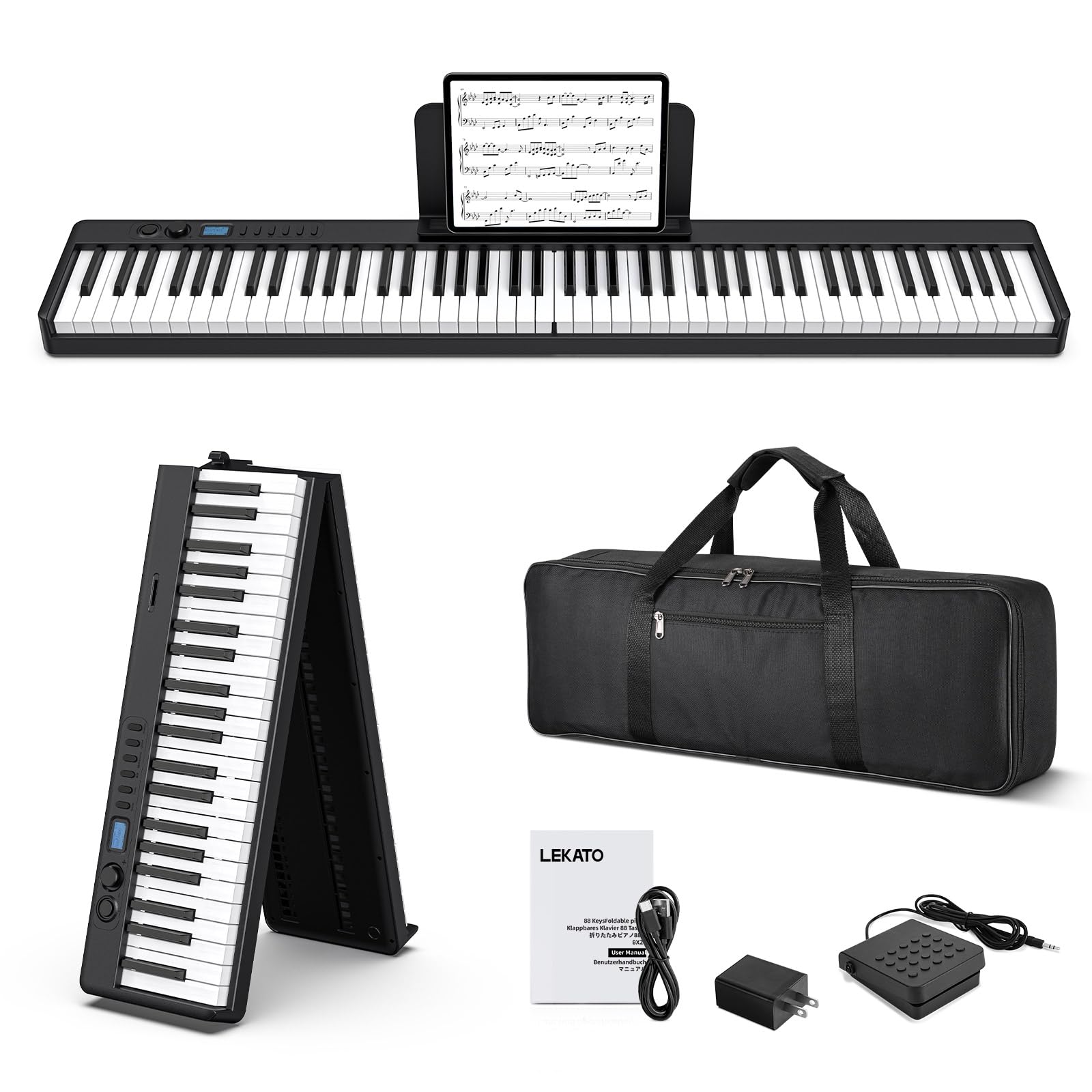LEKATO 88 Tasten Faltbares Elektronisches Keyboard Piano mit Anschlagdynamik, wiederaufladbar, Bluetooth-MIDI, Standardgröße Tasten, für Anfänger/Musikliebhaber/Kind