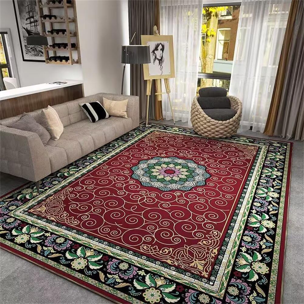 Tapis de salon moderne rouge floral pour rehausser le coin canapé de votre séjour