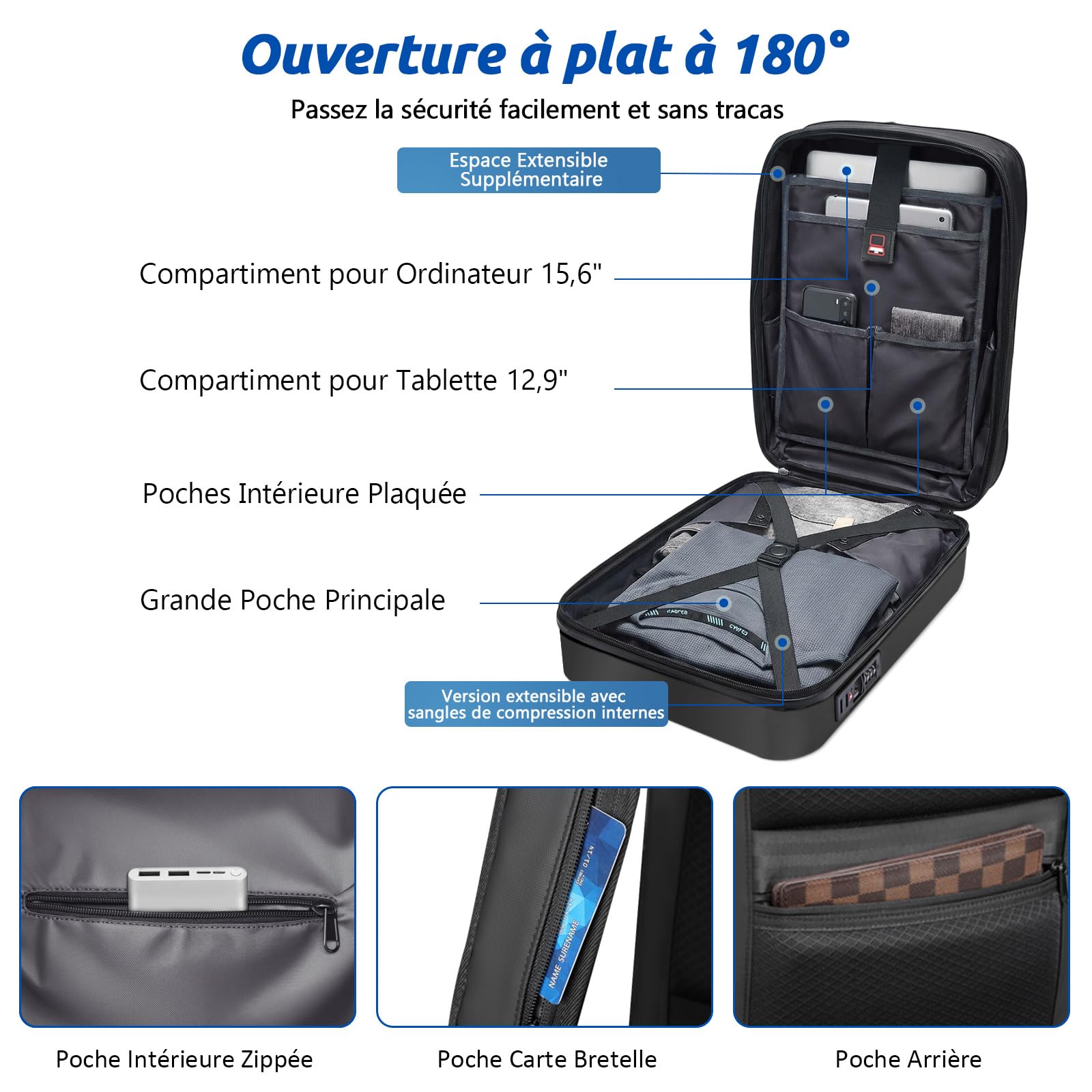 VARLIVOO Sac à Dos Ordinateur Portable Extensible Homme 15,6 Pouces, Antivol Imperméable avec Port USB, Sac à Dos PC Rigide pour Travail, Voyage et Loisirs, Noir A, Extensible