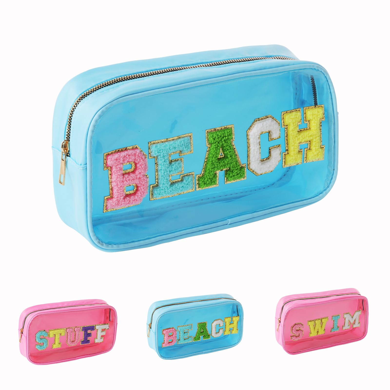TRIP TIGER Women Clear Beach Makeup Bag with Chenille Letters-PVC Waterproof Visible Cosmetic Sunscreen Organizer for Pool, Swimming & Travel, Trendy