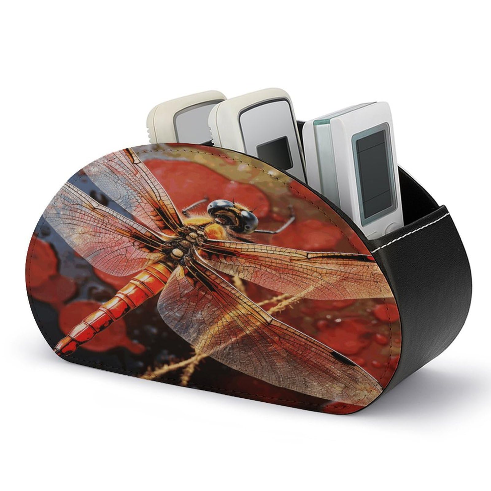VstaDank Red Dragonfly Remote Control Holder Farmhouse TV Media Remote Storage Box with 5 Compartments PU Leather Remote Caddy Desktop Organizer for Home Bedside Table Organizer