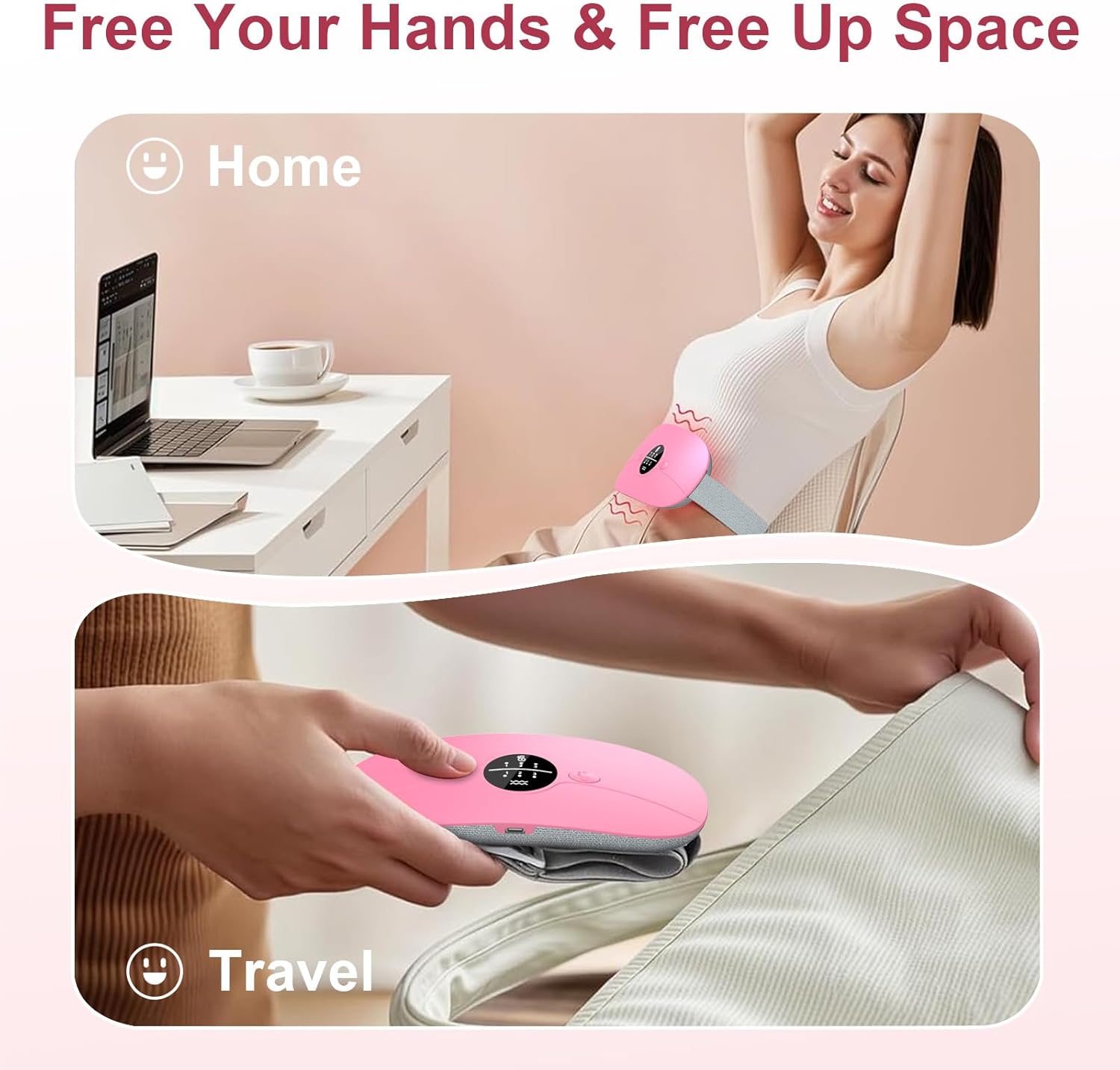 Heating Pad for Period Cramps, 3 Heat Levels and 3 Massage Modes, Portable Heating Pad for Menstrual Cramps Relief, Cordless Electric Period Belt Back Belly Heat Pad, Pink - Image 5