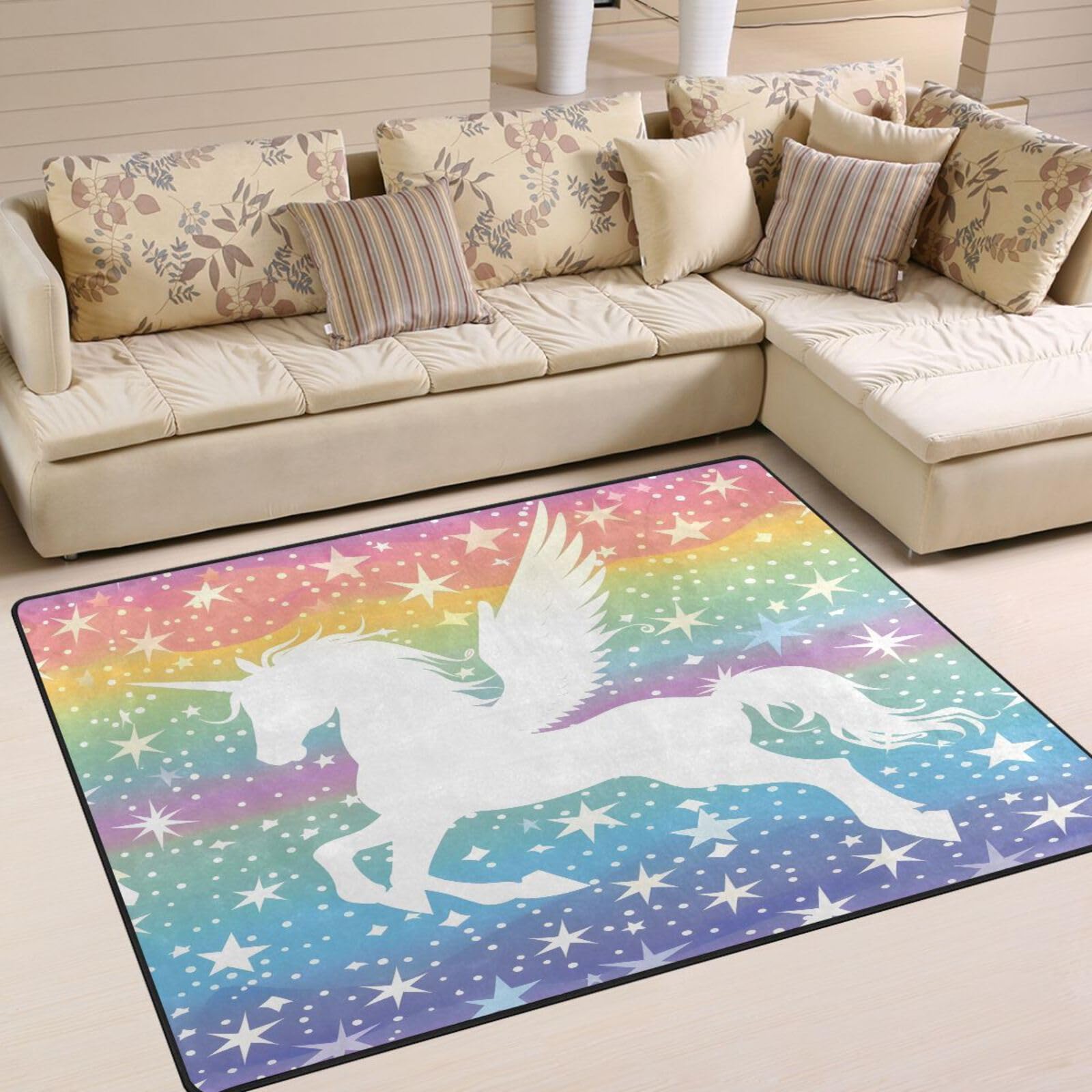 ALAZA Area Rug, Winged Unicorn and Stars Soft Polyester Large Carpet Non-Slip Bath Mats Modern Indoor Mats for Living Room Bedroom Home Decor (160cm x 122cm)