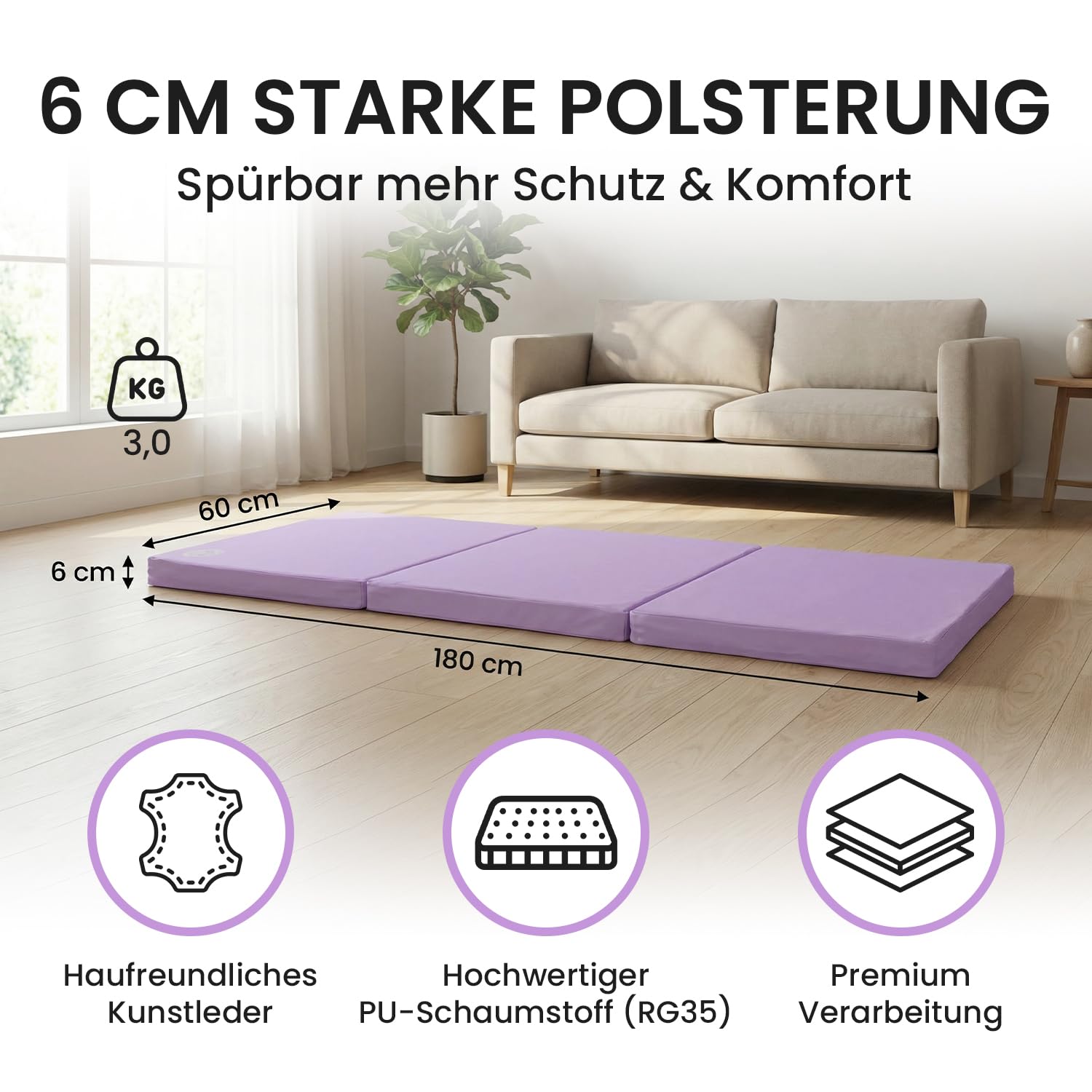 Jeflex - Colchoneta plegable Gimnasia 180 x 60 x 6 cm fabricada en Alemania / Esterilla de gimnasia / Colchoneta multifuncional y yoga / Esterilla de juego para habitación de los niños