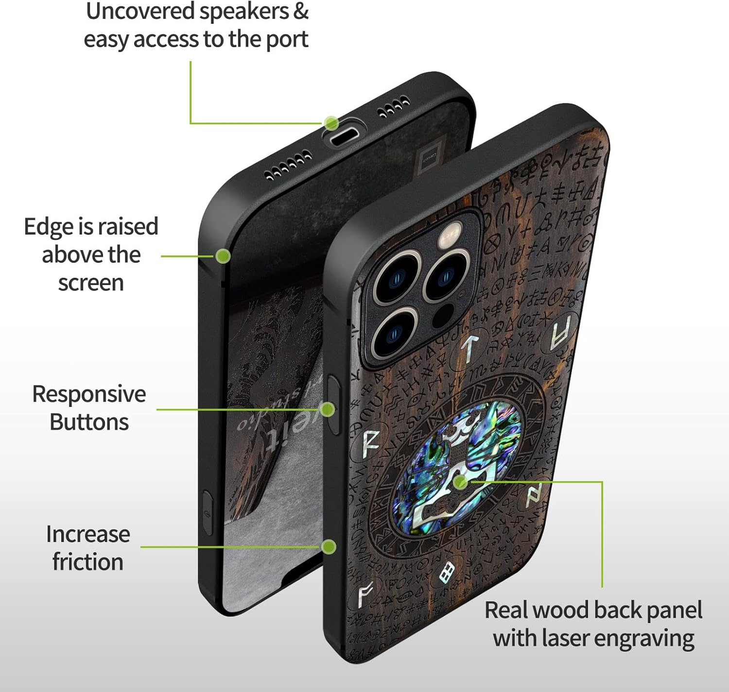 Carveit Designer Wooden Protective Case for iPhone 12 Pro Max Magnetic Cover [Wood Engraving & Shell Inlay] Wood Phone Case Compatible with 12 Pro Max MagSafe (Thors Hammer-Blackwood)