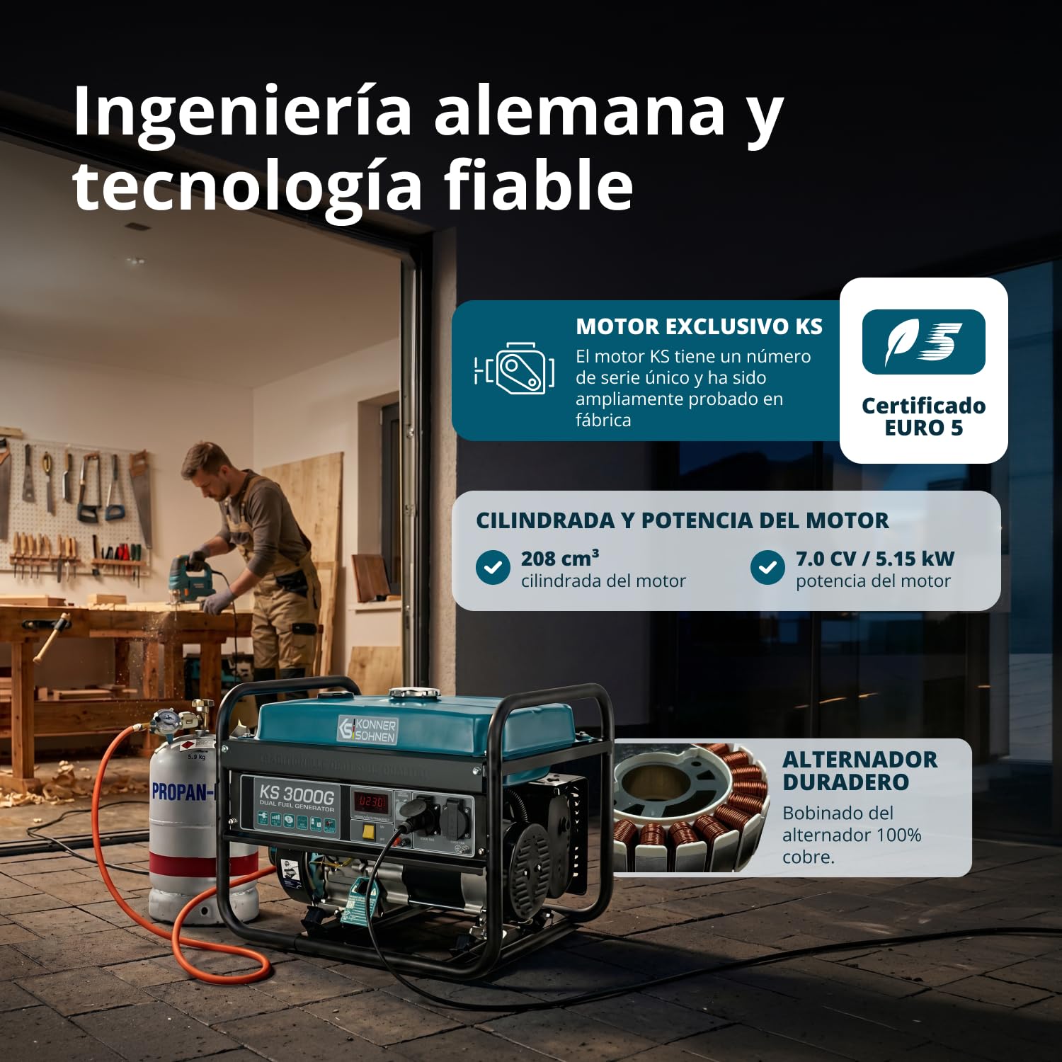 Generador de doble combustible (gasolina y gas) KS 3000G, generador electrico gasolina 3000 W, 2x16A (230 V), 12V, generador 4 tiempos con (AVR), indicador de aceite, protección ante sobrecargas