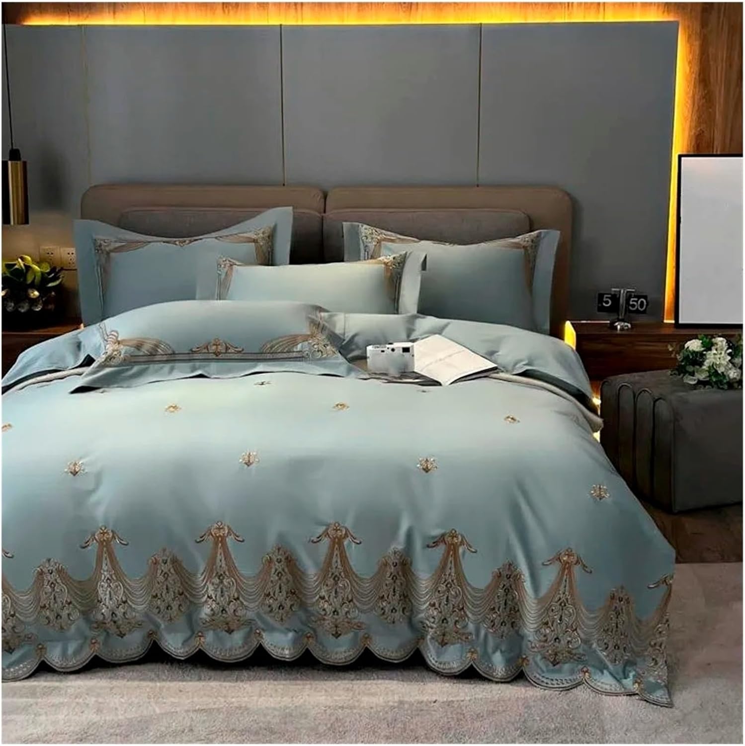 Blue Boho Duvet Cover Set Double Queen King 4Pcs Chic Embroidered Egyptian Cotton Soft Bedding Quilt Cover Bed Sheet Pillowcases,Bed