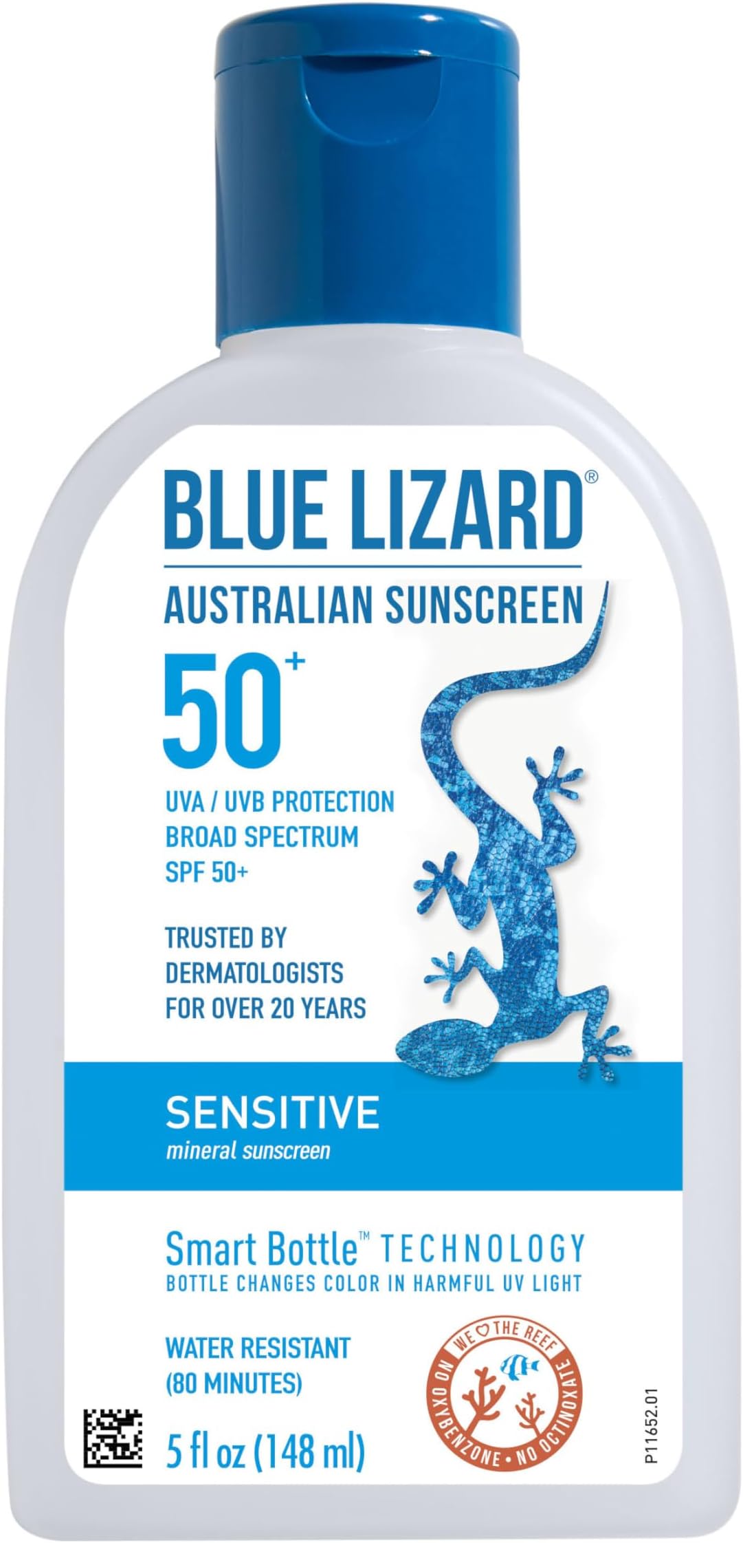 BLUE LIZARD Sensitive Mineral Sunscreen with Zinc Oxide, SPF 50+, Water Resistant, UVA/UVB Protection with Smart Bottle Technology - Fragrance Free, 5 oz