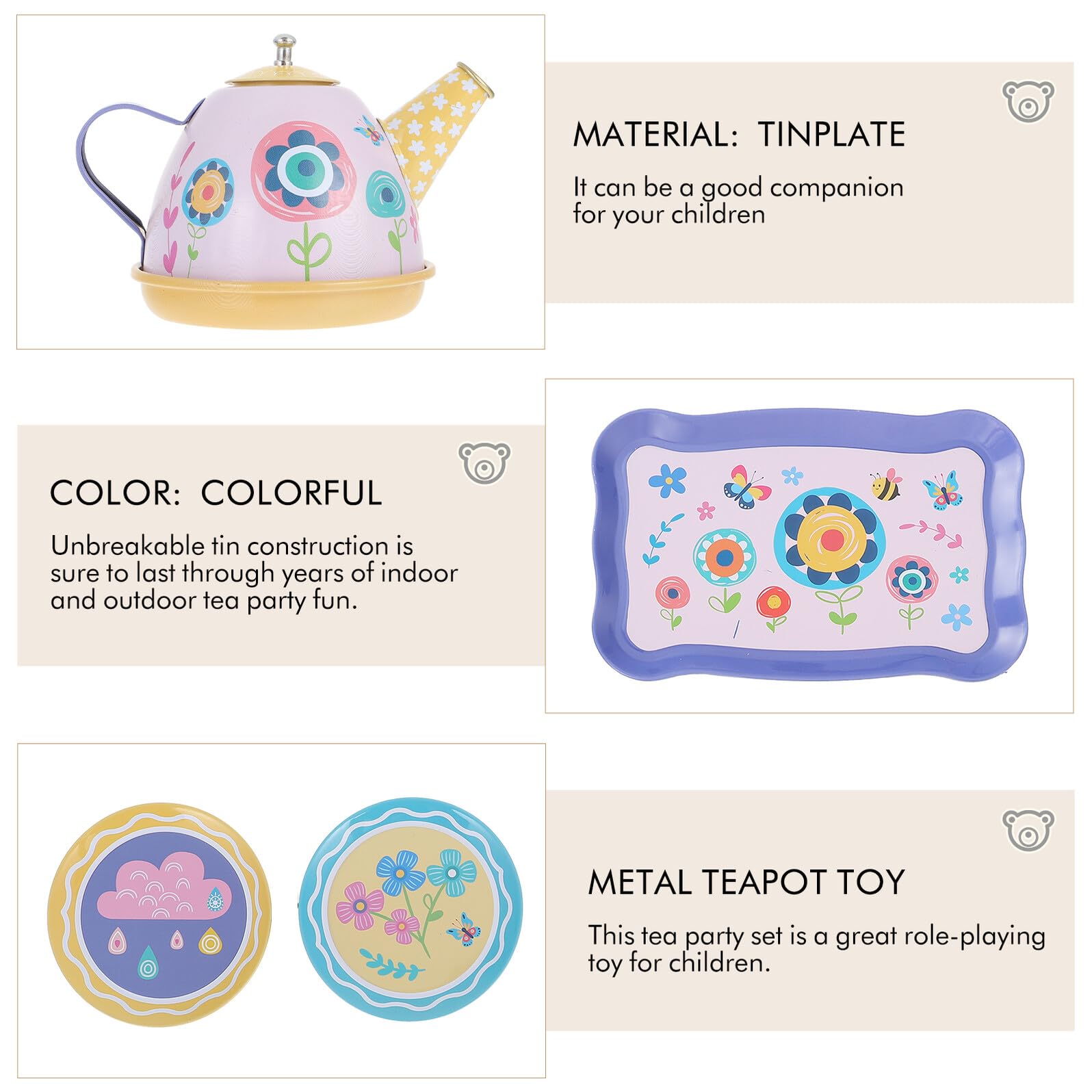 Gatuida Juego de Casitas de Juguete para Niñas Set de Té de Hojalata, 14 Piezas, Diseño de Dibujos Animados, Adecuado para Juego de Tarde y Coordinación Manual