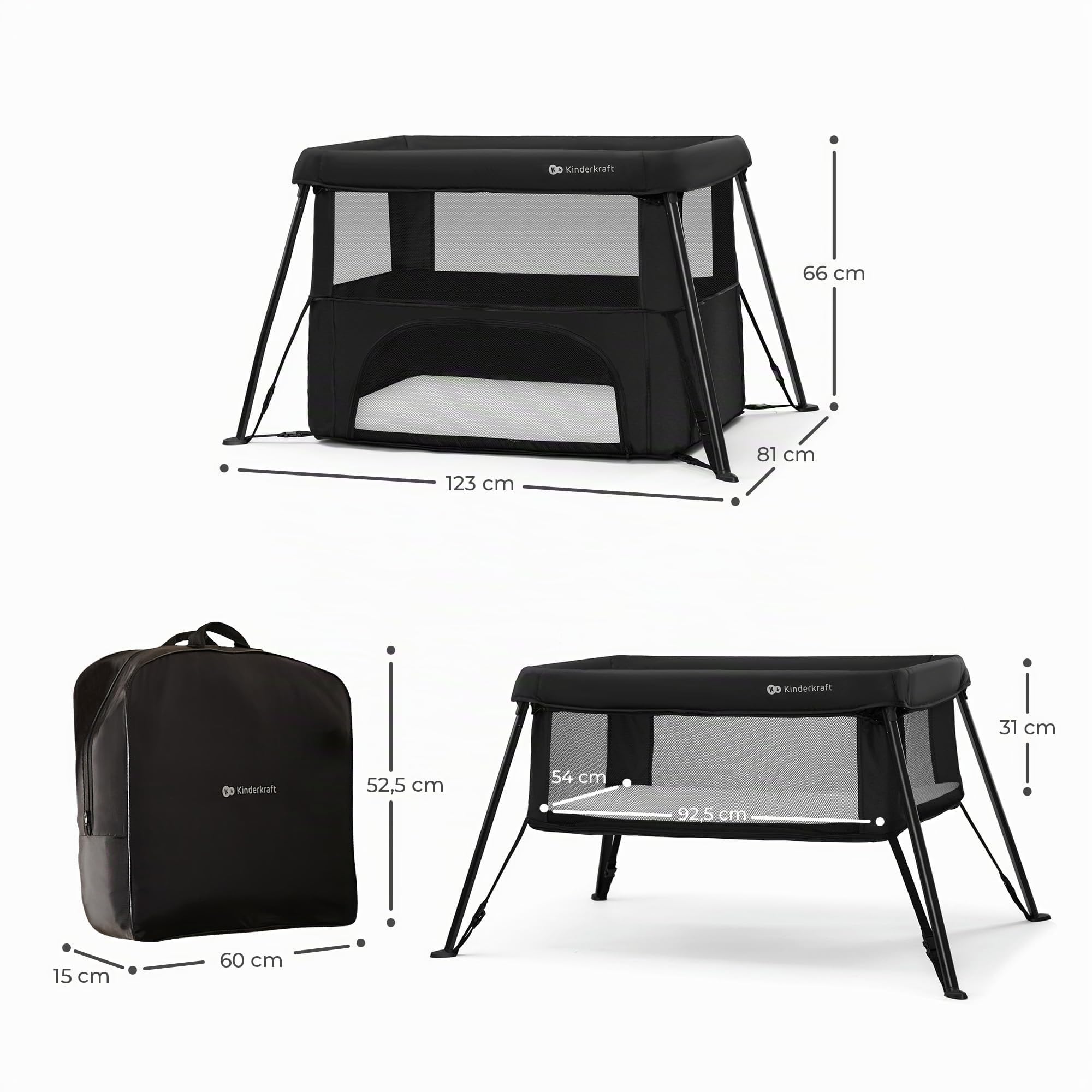 Kinderkraft CAMI Culla Neonato fino 3 Anni, Lettino da campeggio per bambini, Box bambini, Lettino da viaggio, Regolabile in altezza 2 livelli, Borsa da viaggio include, Pieghevole facilmente, Grigio
